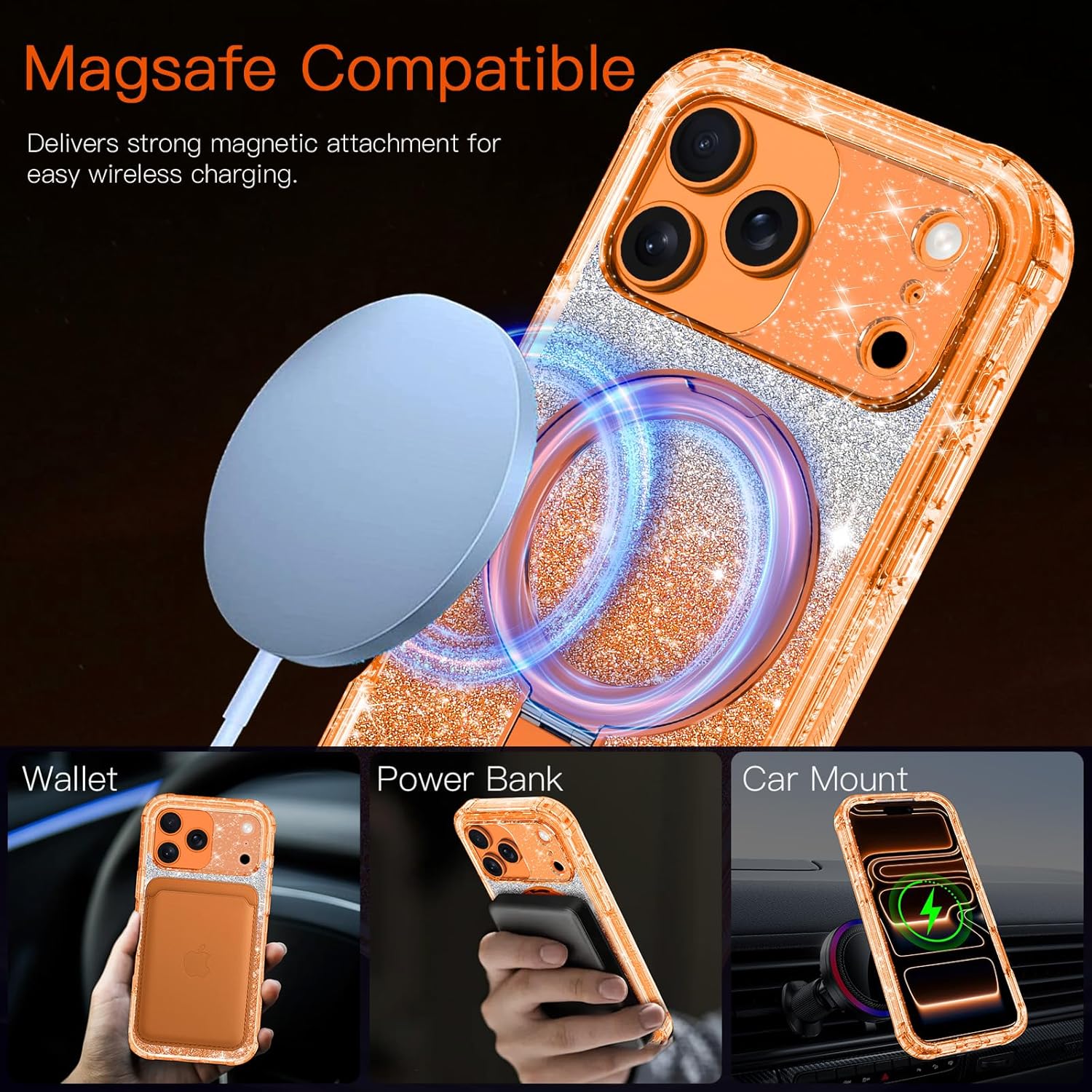 for iPhone 17 Pro Max Case,[Magnetic Stand][Fit for MagSafe][Glitter Card][Built-in 9H+ Screen Protector] Military-Grade Drop Proof Shiny Cover for Apple iPhone 17 Pro Max,Glitter Orange
