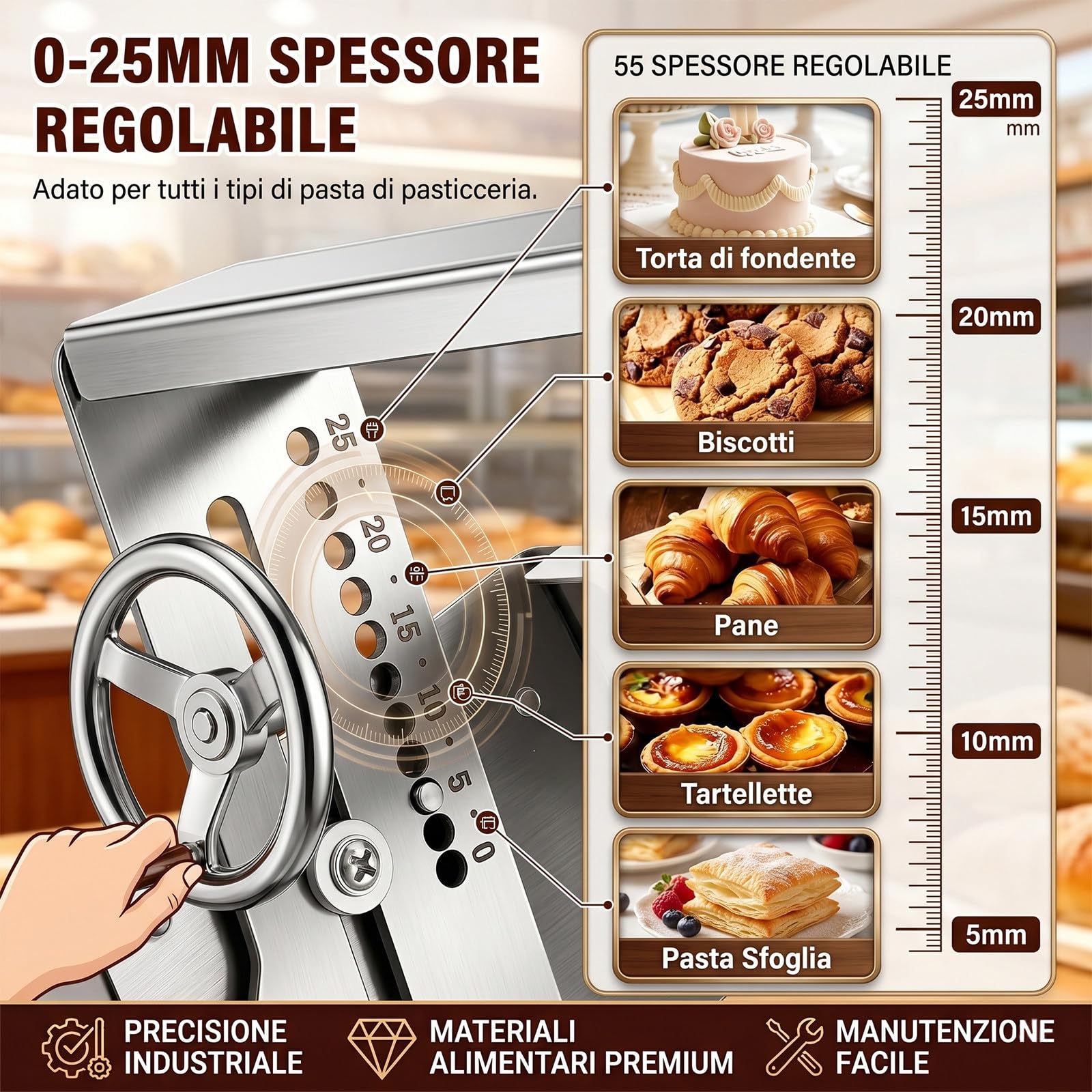 Sfogliatrice per Croissant, Macchina per Sfoglia Pieghevole Commerciale per Spessori da 0 a 25 mm, Pannello Antiaderente di Grandi Dimensioni, per Cucine Domestiche A400