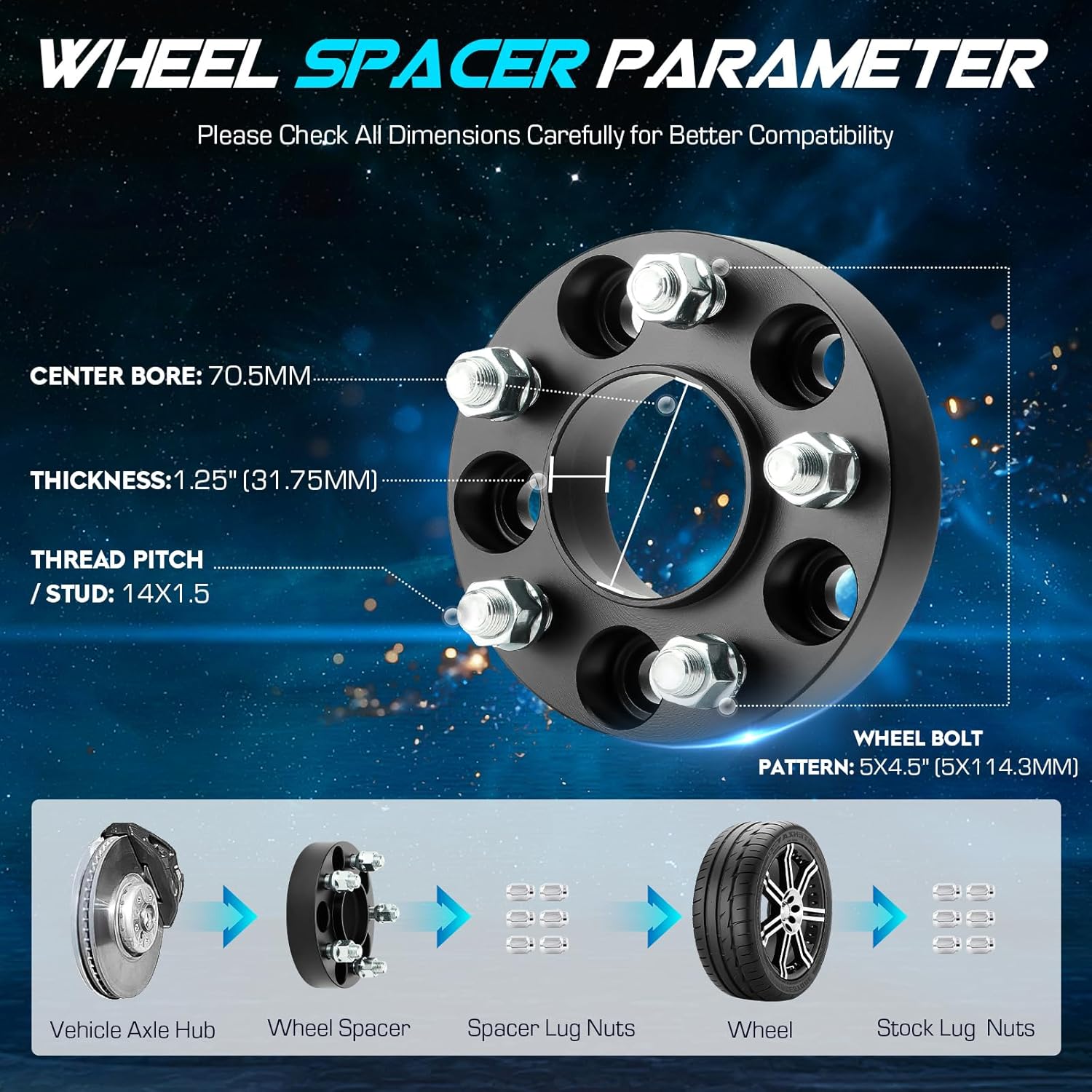 5X4.5 1.25 inch (31.75mm) Hubcentric Wheel Spacers with 70.5mm Bore Compatible with 2015-2023 Ford Mustang, 2017-2020 Ford GT, 5x114.3mm 14x1.5 Studs Wheel Adapters, Set of 4