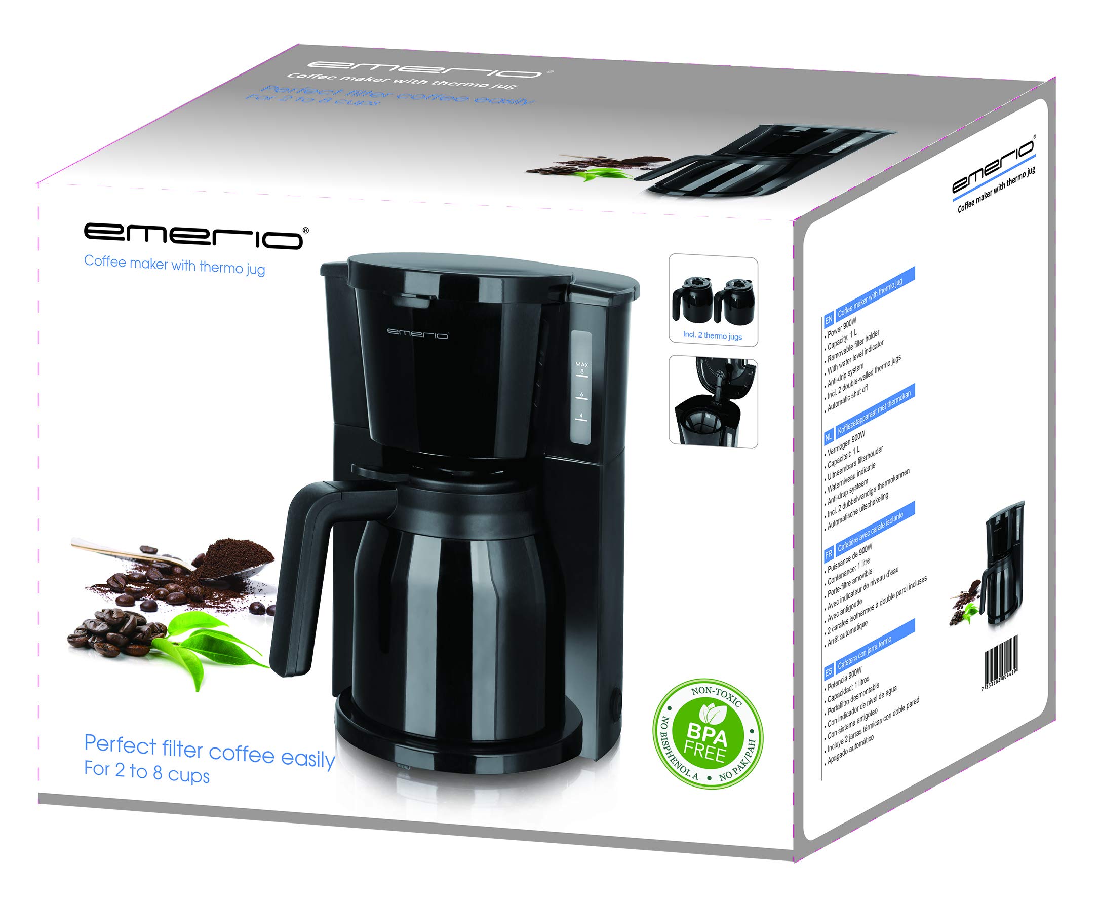 Emerio Cafetera de filtro con 2 jarras térmicas, 900W, hasta 8 tazas en una sola pasada, filtro giratorio 1x4 con sistema antigoteo, incluye filtro permanente, apagado automático, piezas de plástico