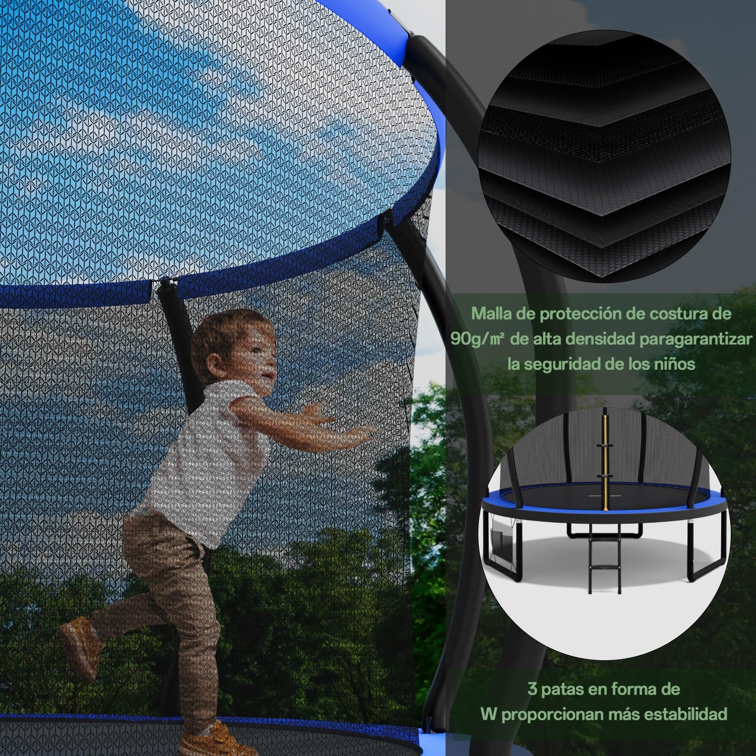 Flamaker Cama Elástica para Niños, Trampolín Exterior Jardín con Funda de Seguridad, Estructura Marco Estable Anticorrosión, Ø 228/305/366/427 cm, Capacidad 150 kg