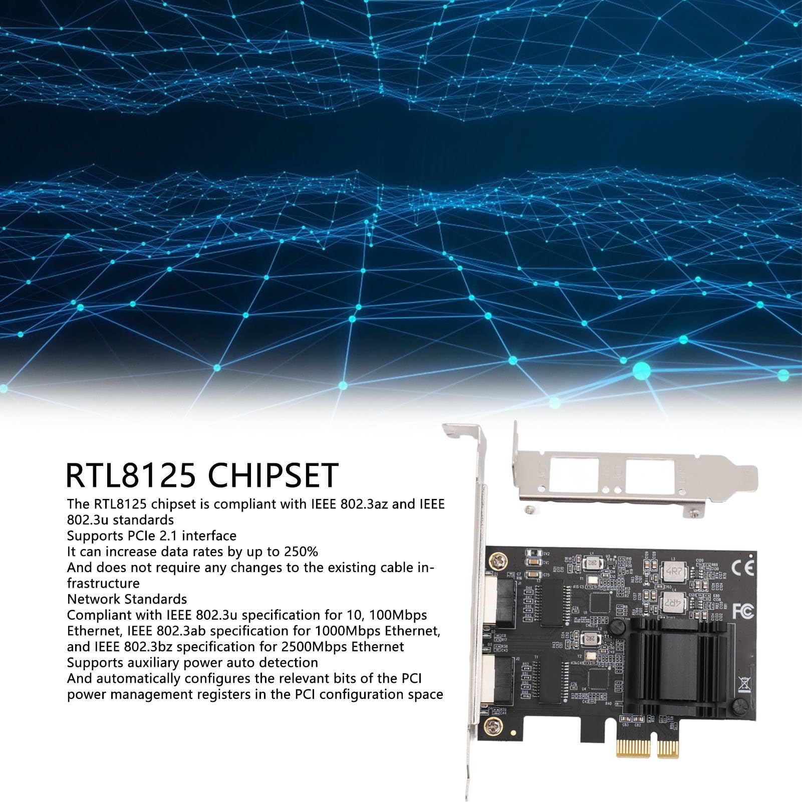 Aramox Karta Sieciowa PCIe, 2,5Gbase-T Rtl8125b Dual Port RJ45