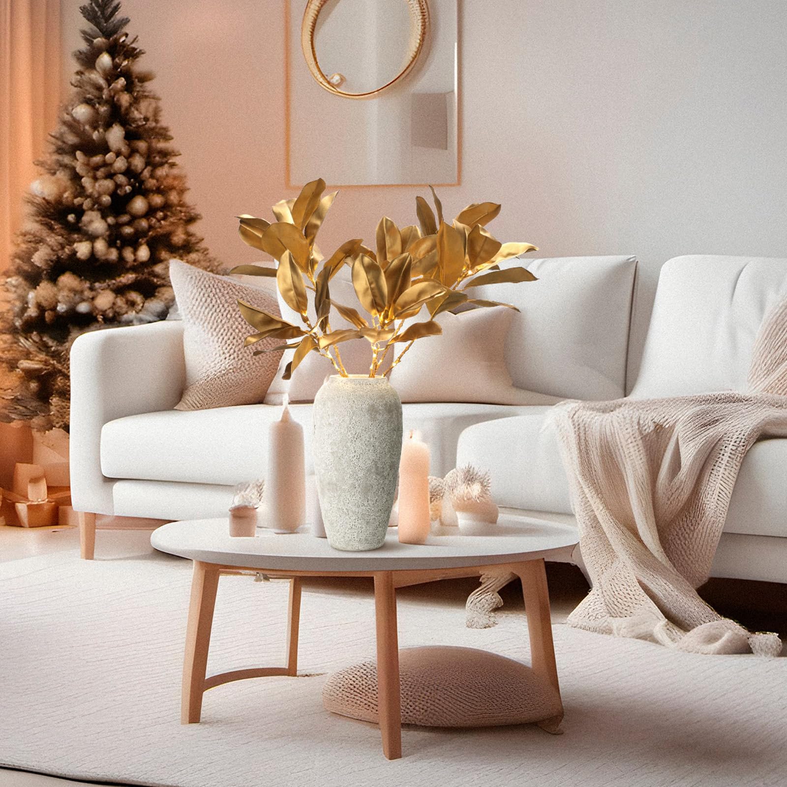 Retisee Magnolien-Zweige aus künstlichem Gold, beleuchtet, 65 cm, Magnolien-Plektren mit Lichterkette, künstliche Blätter, künstliche Zweige für Herbst, Weihnachten, Vase, Zuhause, Büro