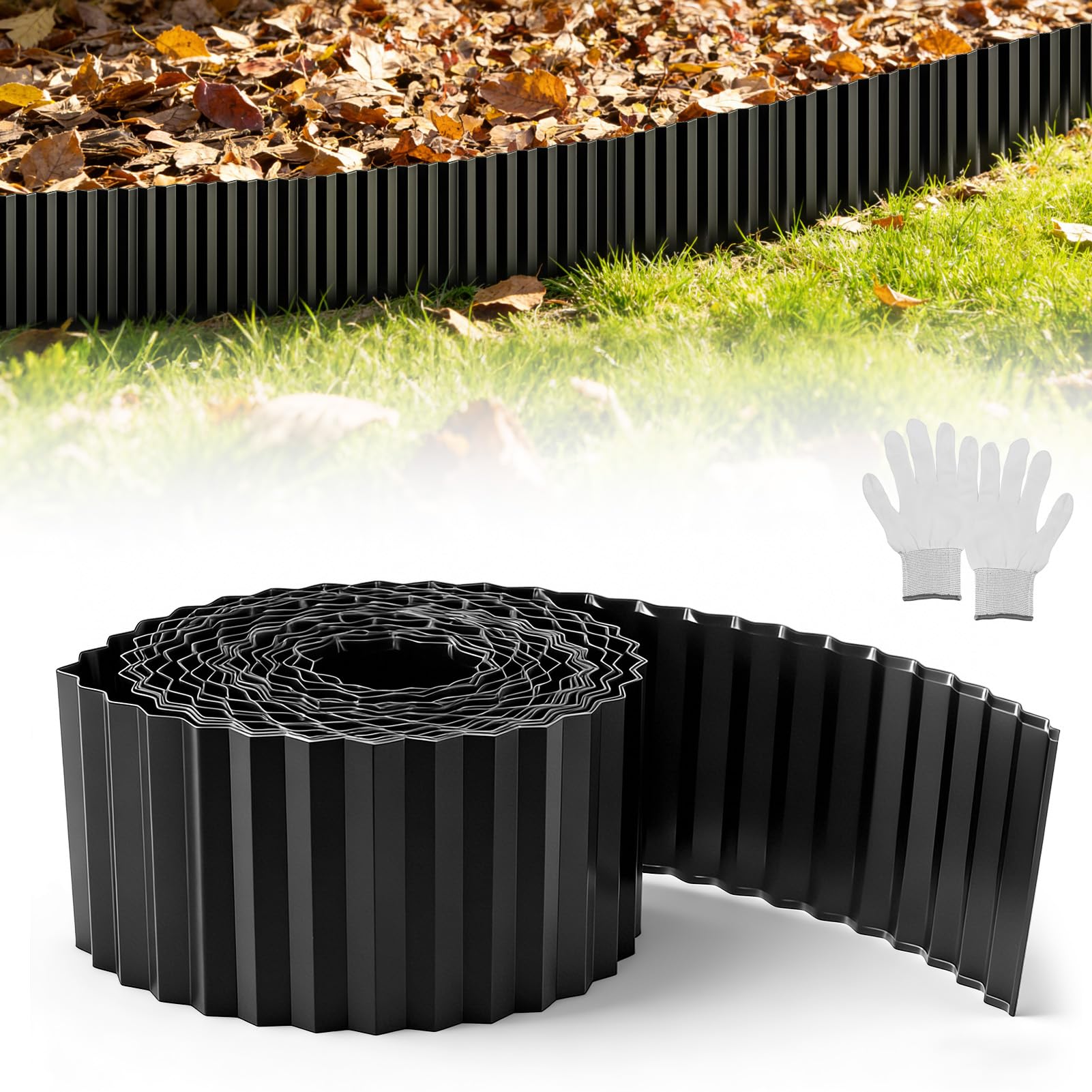 Professional Galvanised Steel Lawn Edging 10m x 15cm, Corrugated Metal Garden & Flower Bed Border,Rust-Proof, Durable Mowing Strip for Modern Landscaping Black