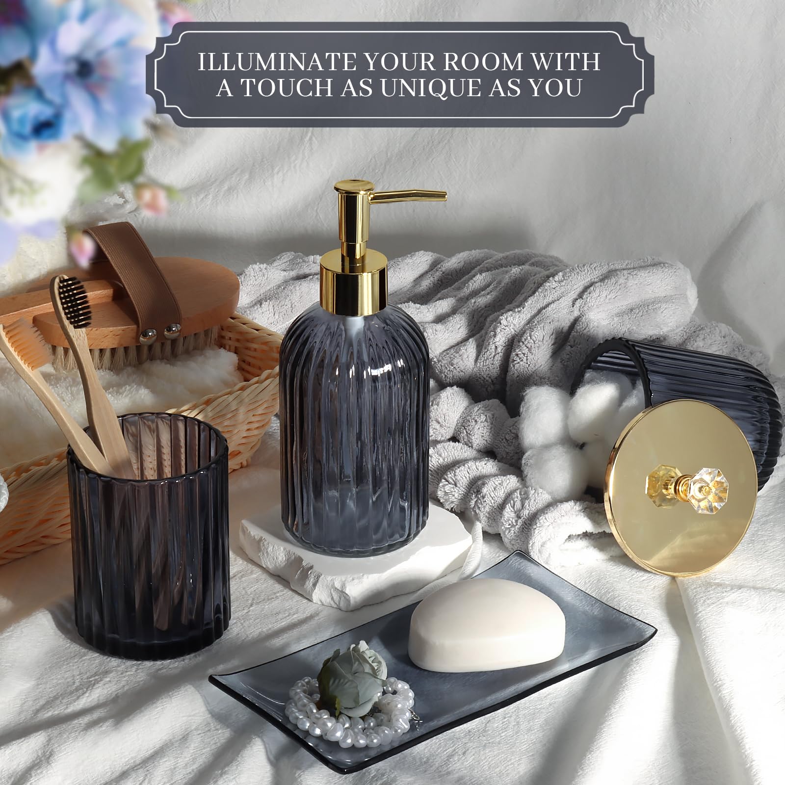 Kukikan Juego completo de accesorios de baño de vidrio azul – Juego completo de 4 piezas de tocador de vidrio con dispensador de jabón de loción, soporte para cepillo de dientes, bandeja de tocador y