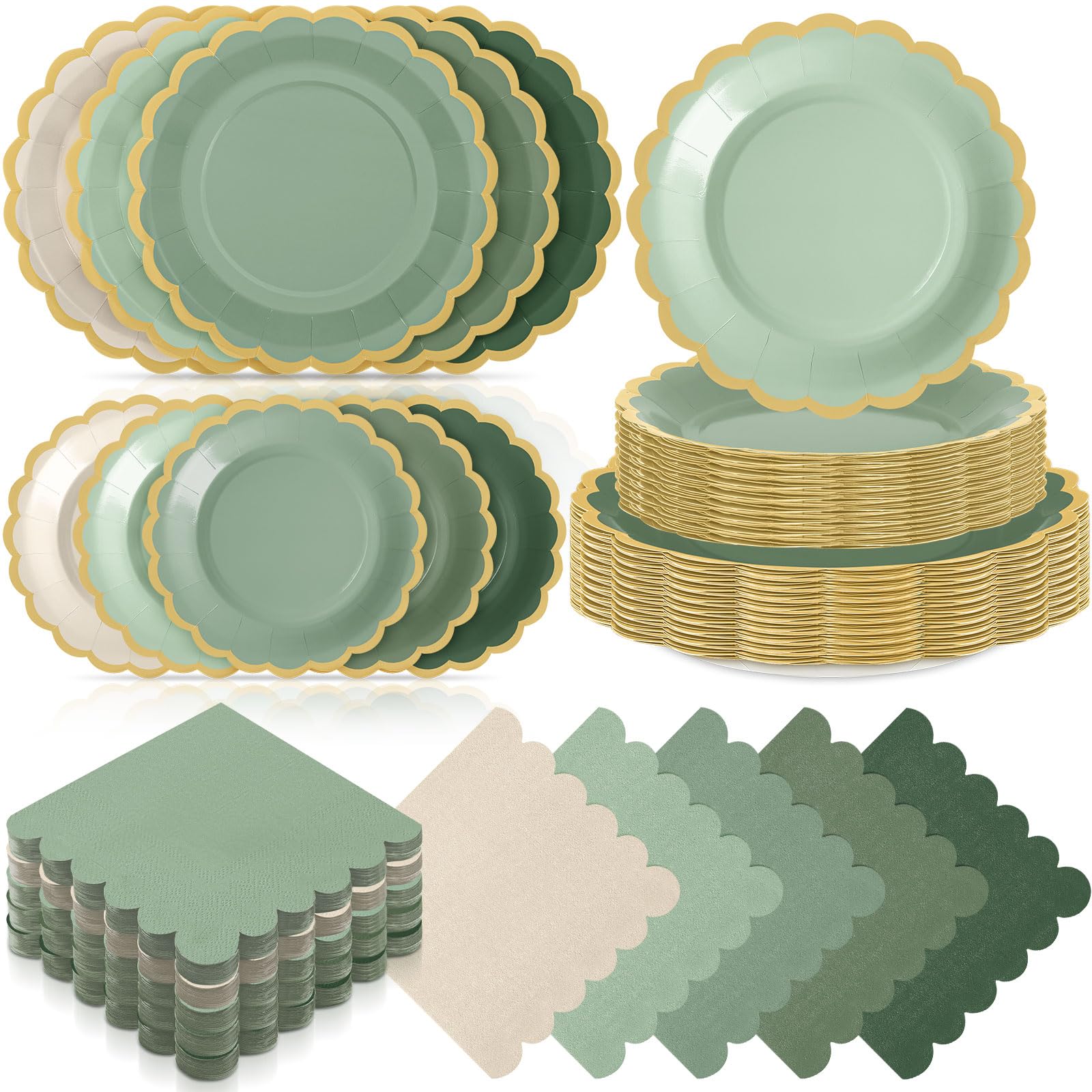 Photo 1 of Zhehao 150 Pcs Sage Green Plates and Napkins Tableware Serves 50 Includes 9 Inch 7 Inch Green Scalloped Edges Paper Plate and Napkins for Wedding Birthday Baby Shower Party