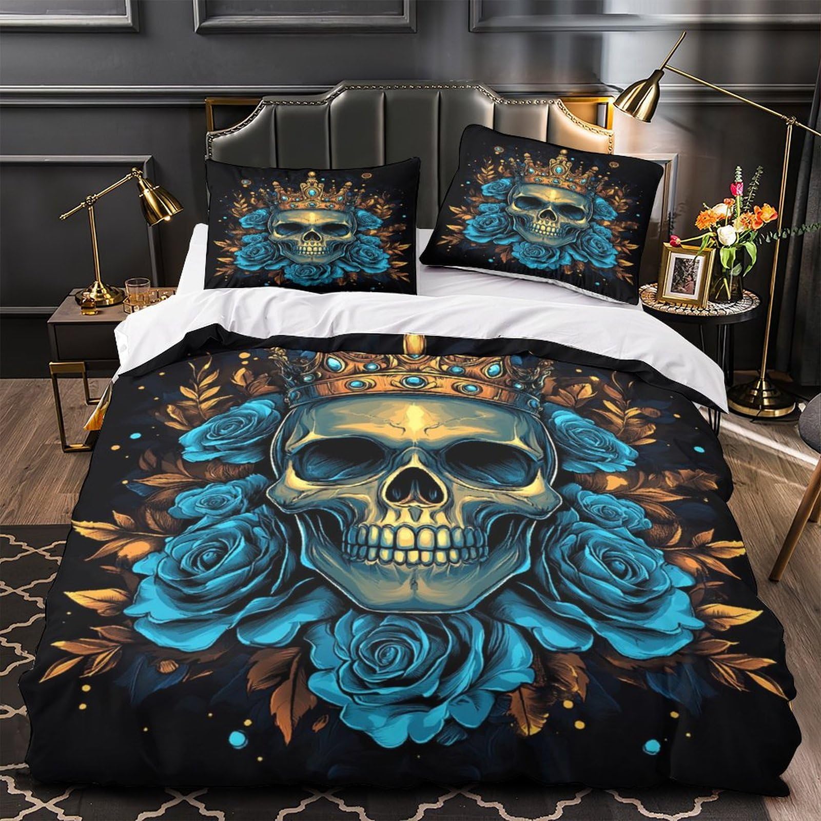 Housse de couette gothique crâne 3D en microfibre avec taies d'oreiller pour ado