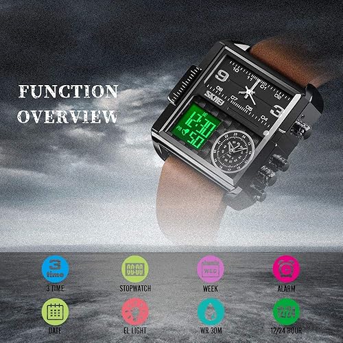 Miniatura 7 de SKMEI Reloj deportivo digital para hombre, reloj de pulsera de cuarzo analógico cuadrado LED de cara grande con cronómetro impermeable multihorario