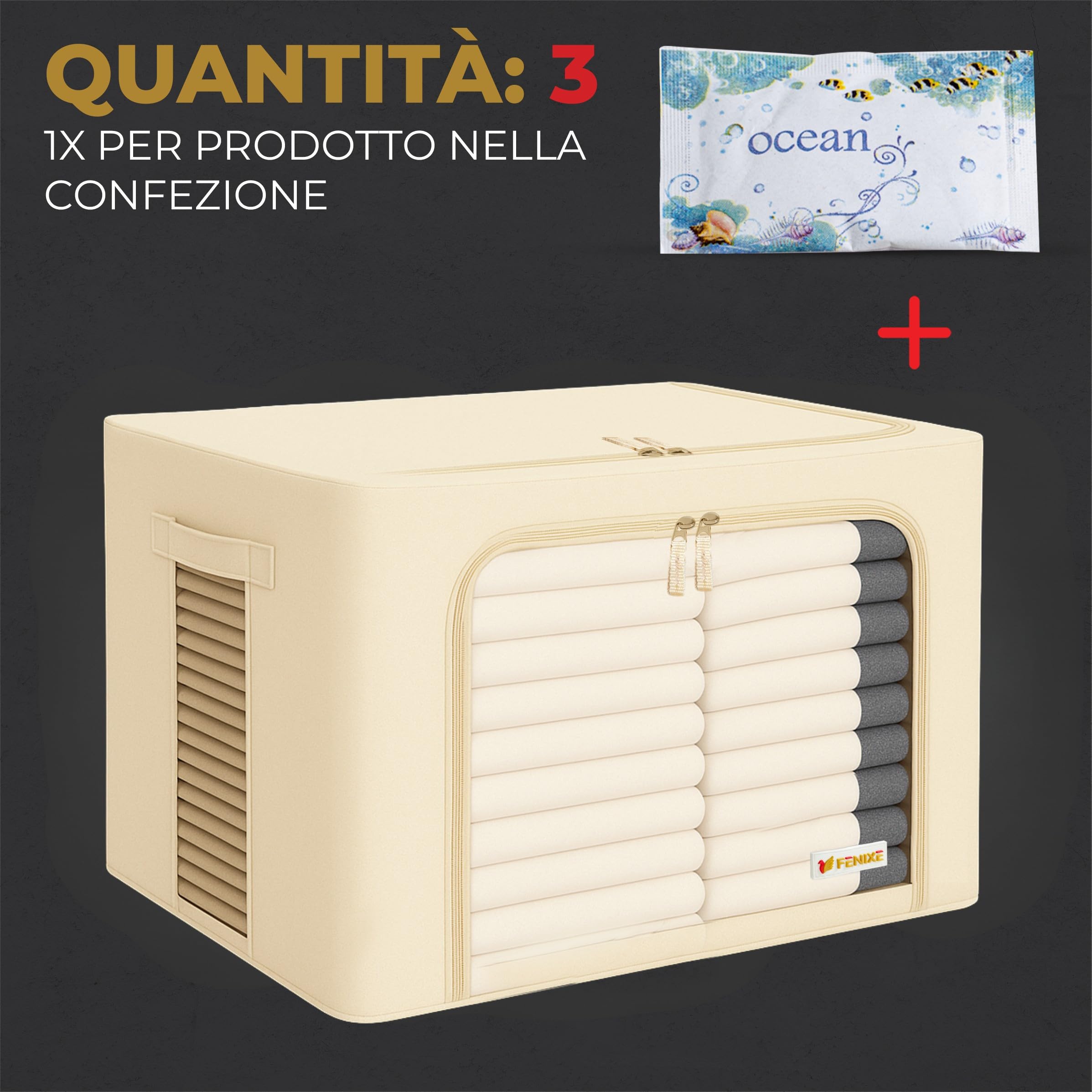 FENIXE_Contenitori Per Armadio Salvaspazio 66L, Beige - Scatole Portaoggetti Confezione da 3 - Organizer Armadio Con Finestre Trasparenti Impilabile, Pieghevole, Resistenti all’Acqua 3x66L Beige