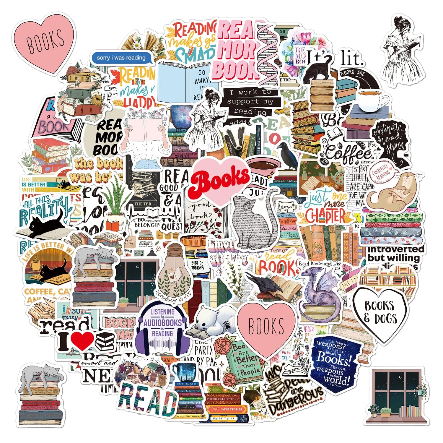 Store2508 100 Pcs Book Lover Stickers Pack – Waterproof Vinyl Reading Stickers for Laptop, Water Bottle, Kindle, Scrapbook, Phone, Journals & Notebooks – Cute Aesthetic Bookish Quotes & Designs-image-8