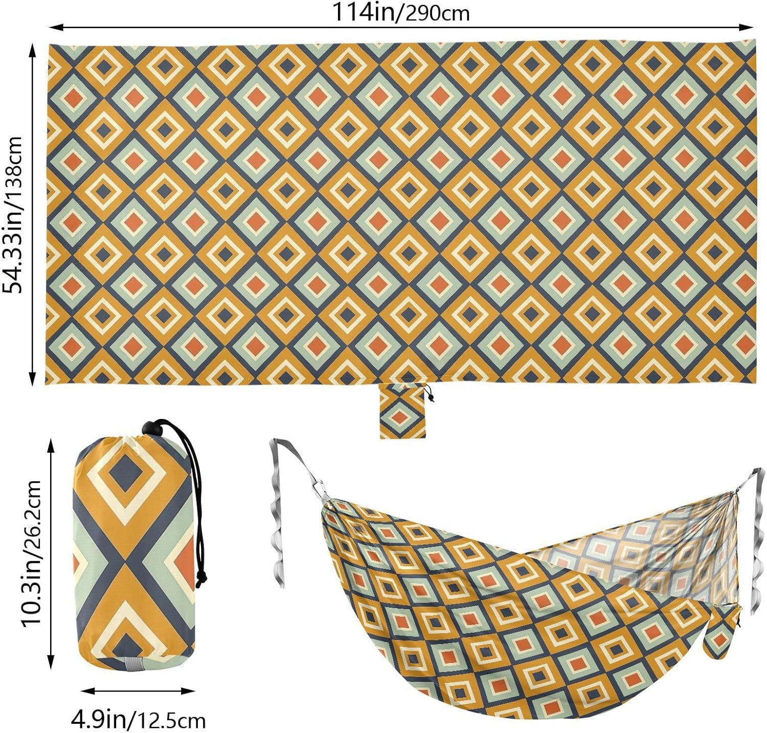 ALAZA Retro Geometric Rhombuses Camping Hammocks Single or 2 Person 500 lbs Portable Parachute Travel Hammock w/Tree Straps for Hiking Backpacking Indoor Outdoor