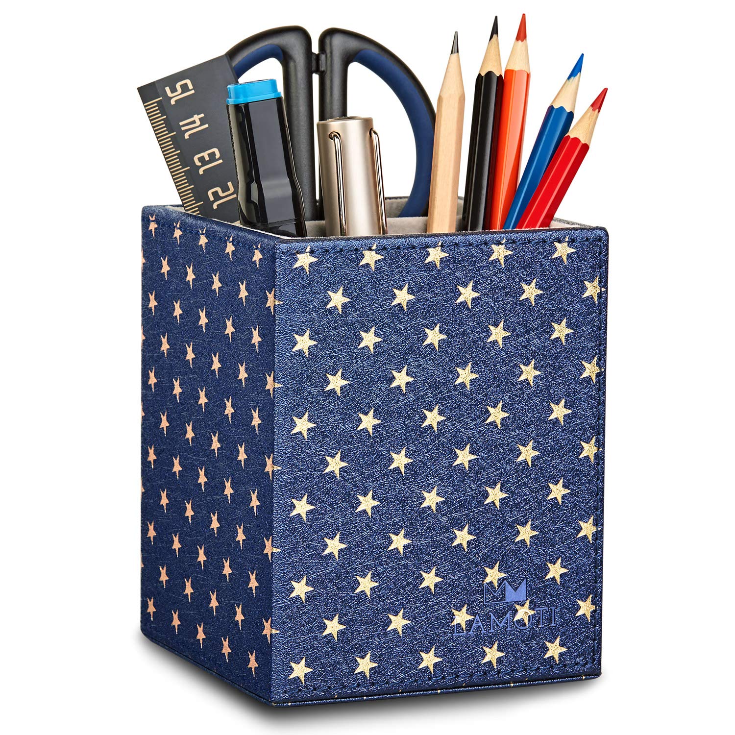 Leather Pen Holder, 2 Compartments Pencil Cup & Organizer for Essential Desktop Supplies, Handcrafted (Blue)