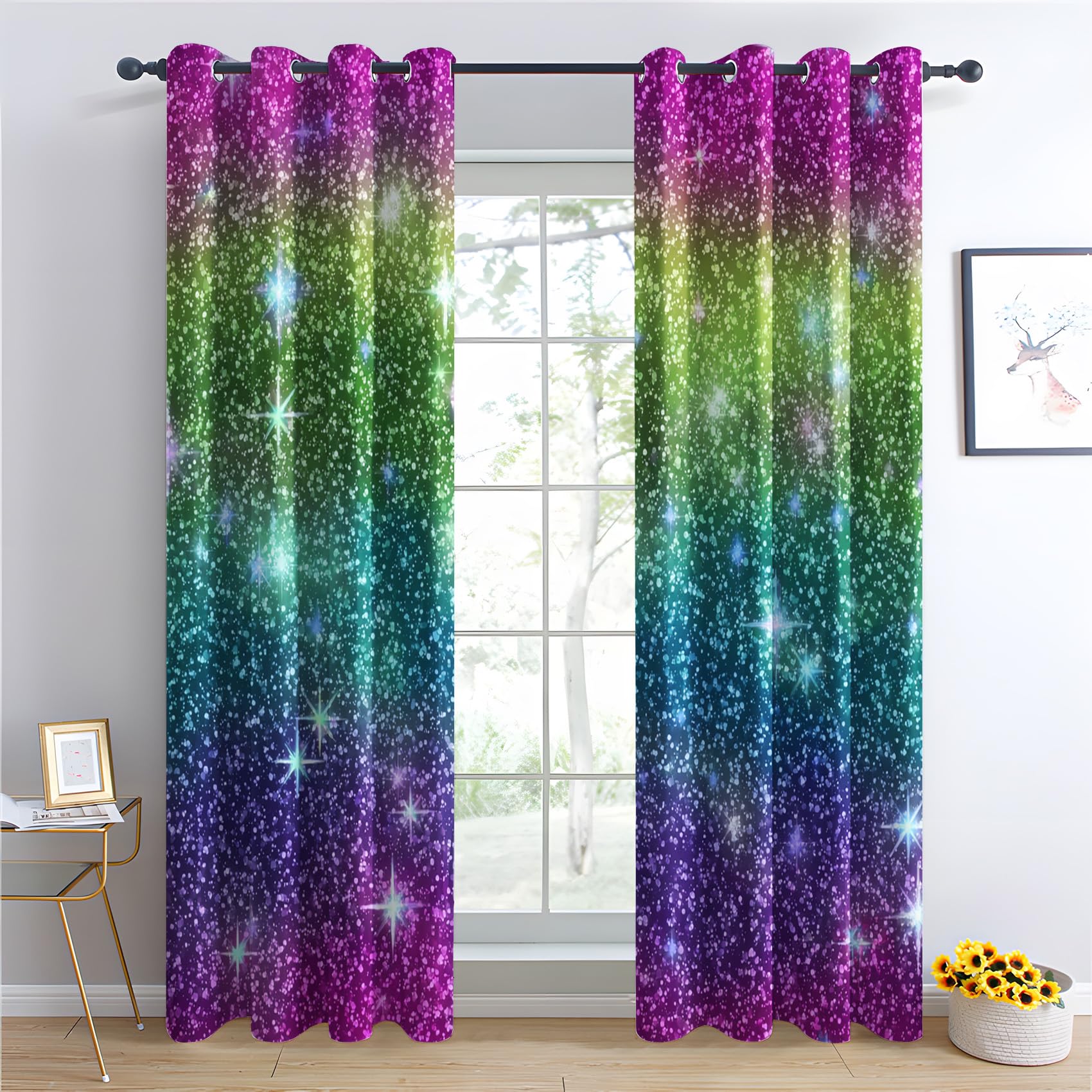 Venivici Galaxy Blackout Curtains for Bedroom Living Room - 84 Inch Drop Curtains Eyelet, Ombre Sparkle Glitter Patterned Window Treatments, Thermal Insulated Drapes 52x84 2 Panels