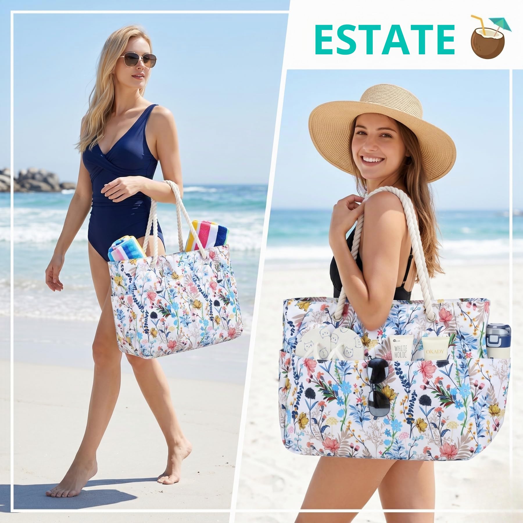 Suweir Borsa Mare Donna Grande XXL Famiglia Borsa da Spiaggia con Cerniera e tasca Impermeabile Borsa da Mare Beach Bag Shopping Borsa Tote Bag per Spiaggia Viaggio Piscina Vacanze