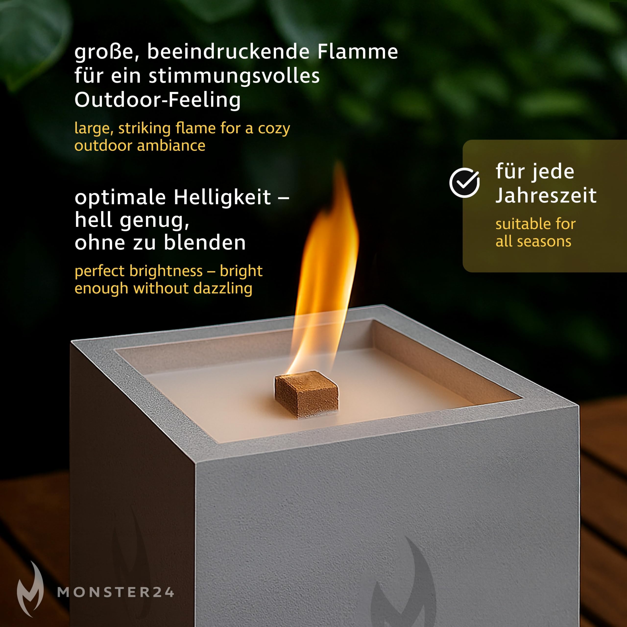 Monster24 Betonkerze Outdoor 15x15x15 cm mit Dauerdocht – Tischfeuer mit Bambusdeckel - Windfestes Gartenlicht, Gartenfackel für Terrasse Balkon - Beton Tischkerze wiederbefüllbar als Outdoor-Deko