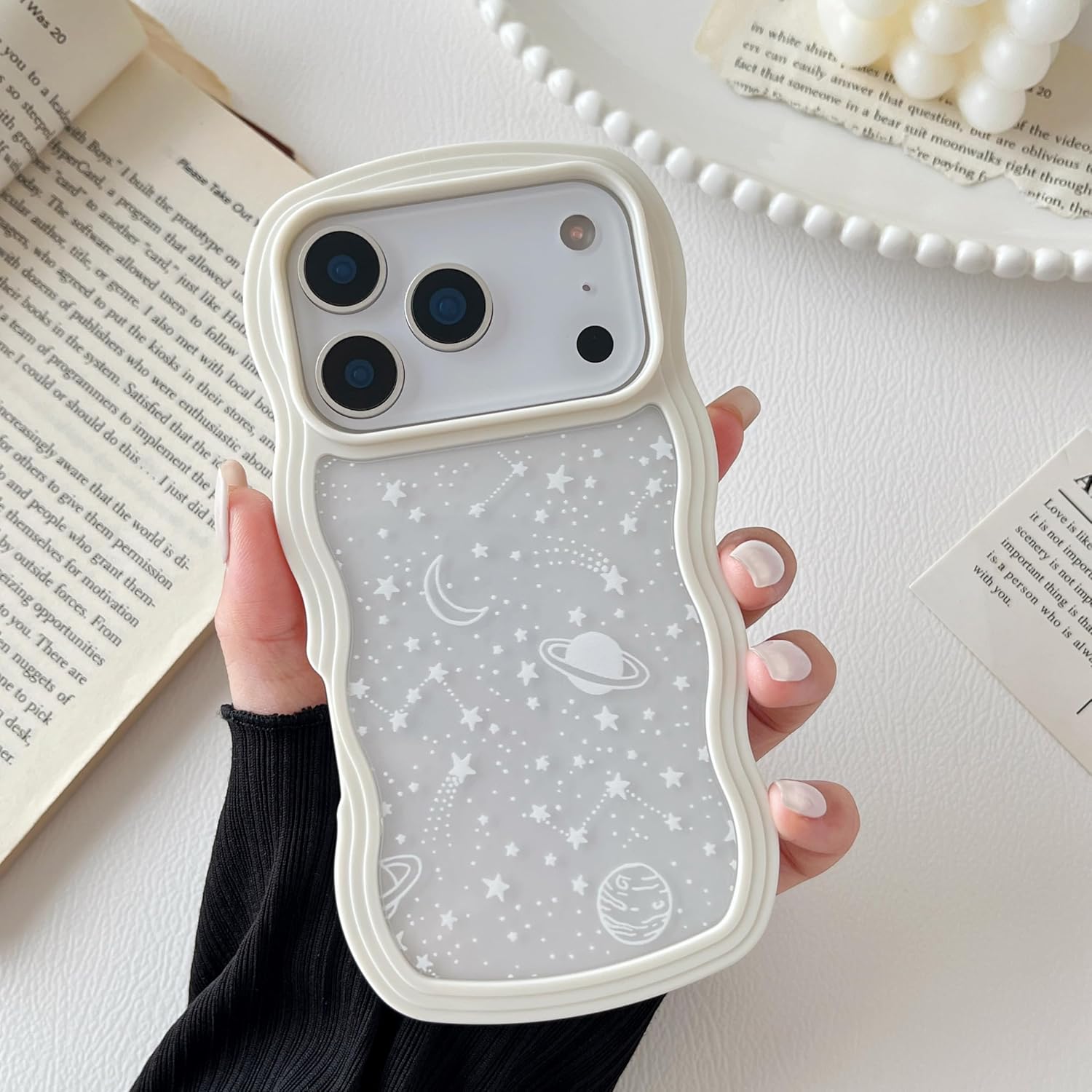 ZTOFERA for iPhone 17 Pro Max Case 6.9 inch,Cute Curly Wave Frame Shape Case with Star Space Pattern, Clear Slim Shockproof Hard PC Bumper Phone Cover for iPhone 17 Pro Max, White - Image 2