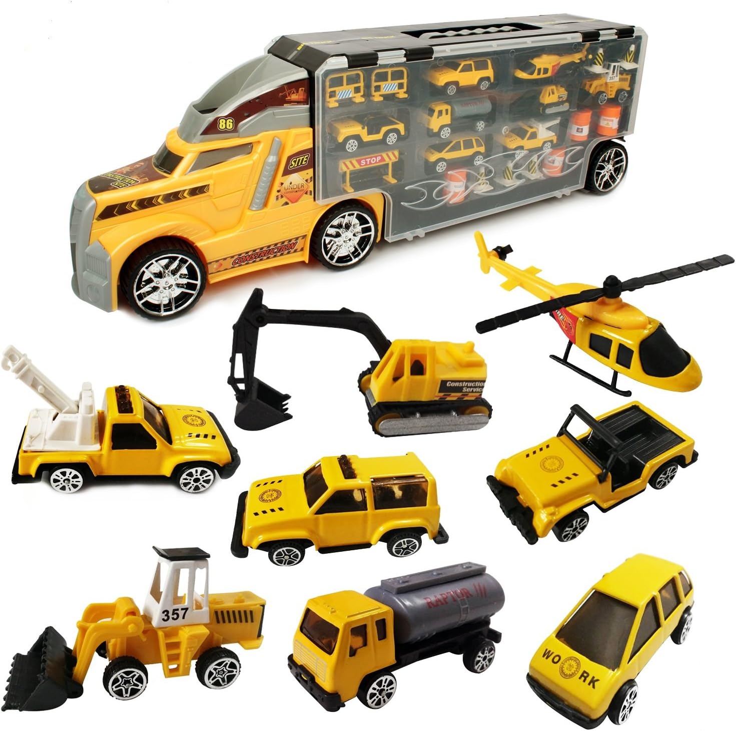 Zeliku 12 in 1 Die-cast Construction Truck Vehicle Car Toy Set Play Vehicles in Carrier Truck - With 20 Accessories And Play Mat | Educative, Imaginative, Learning & Fun | For Boys and Girls Ages 3-12