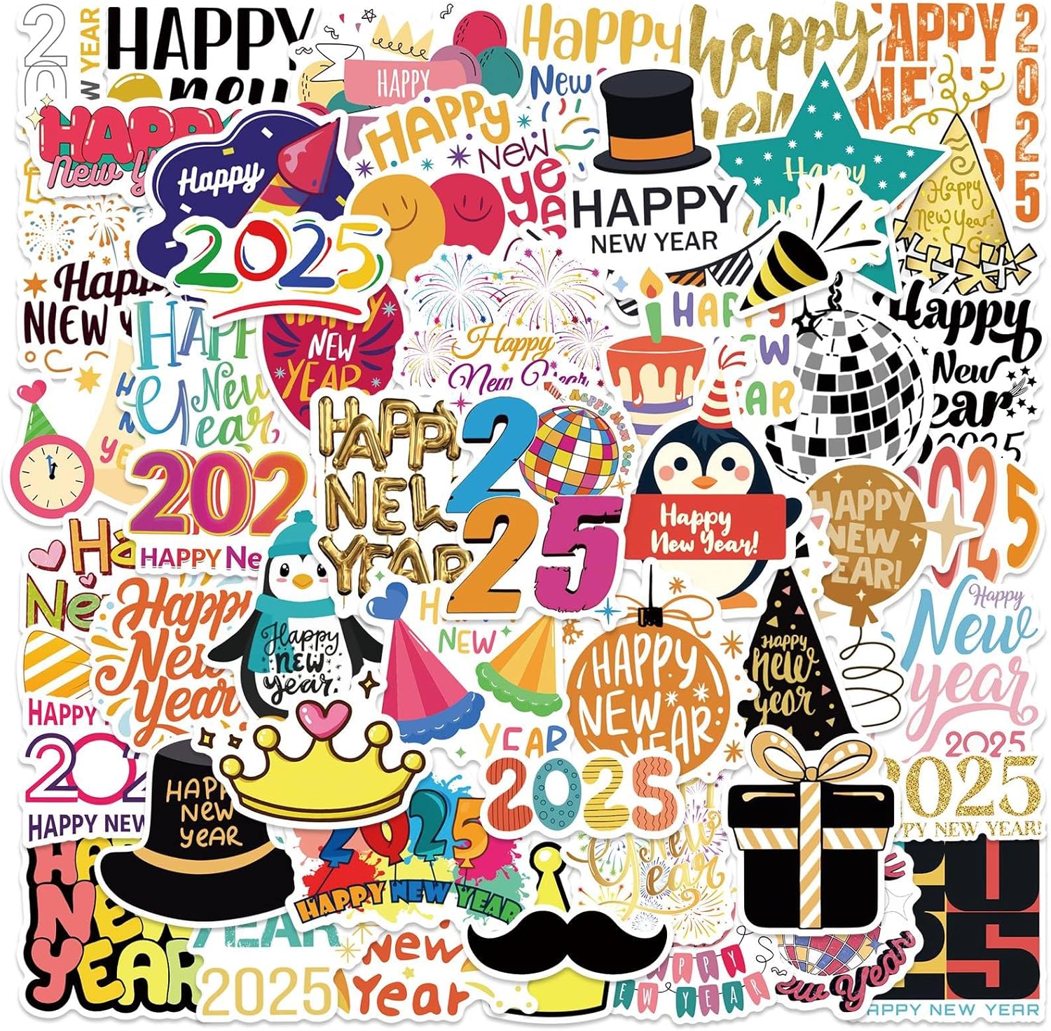 XZENTIRA 52 PCS Happy New Year Stickers 2025 Holiday Waterproof Vinyl Sticker New Years Eve Party Stickers Bulk New Year Kids Stickers for Water Bottles Laptops Window 2025 New Year Decorations