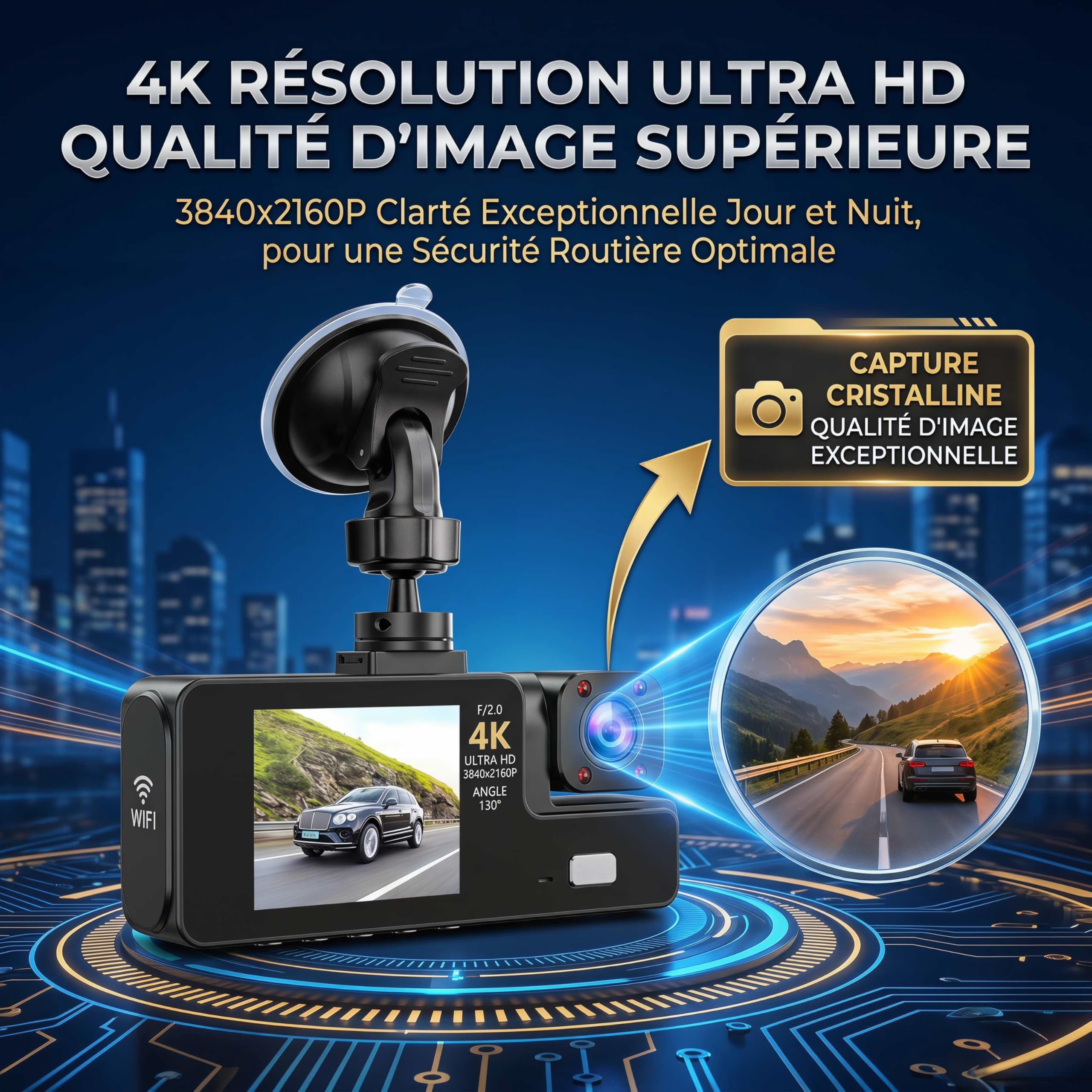Telecamera Dashcam 3 telecamere 1080P Full HD | Massima sicurezza a 360° senza angolo morto, visione notturna e parcheggio monitorato, WiFi integrato rilevamento del movimento, ideale per i conducenti