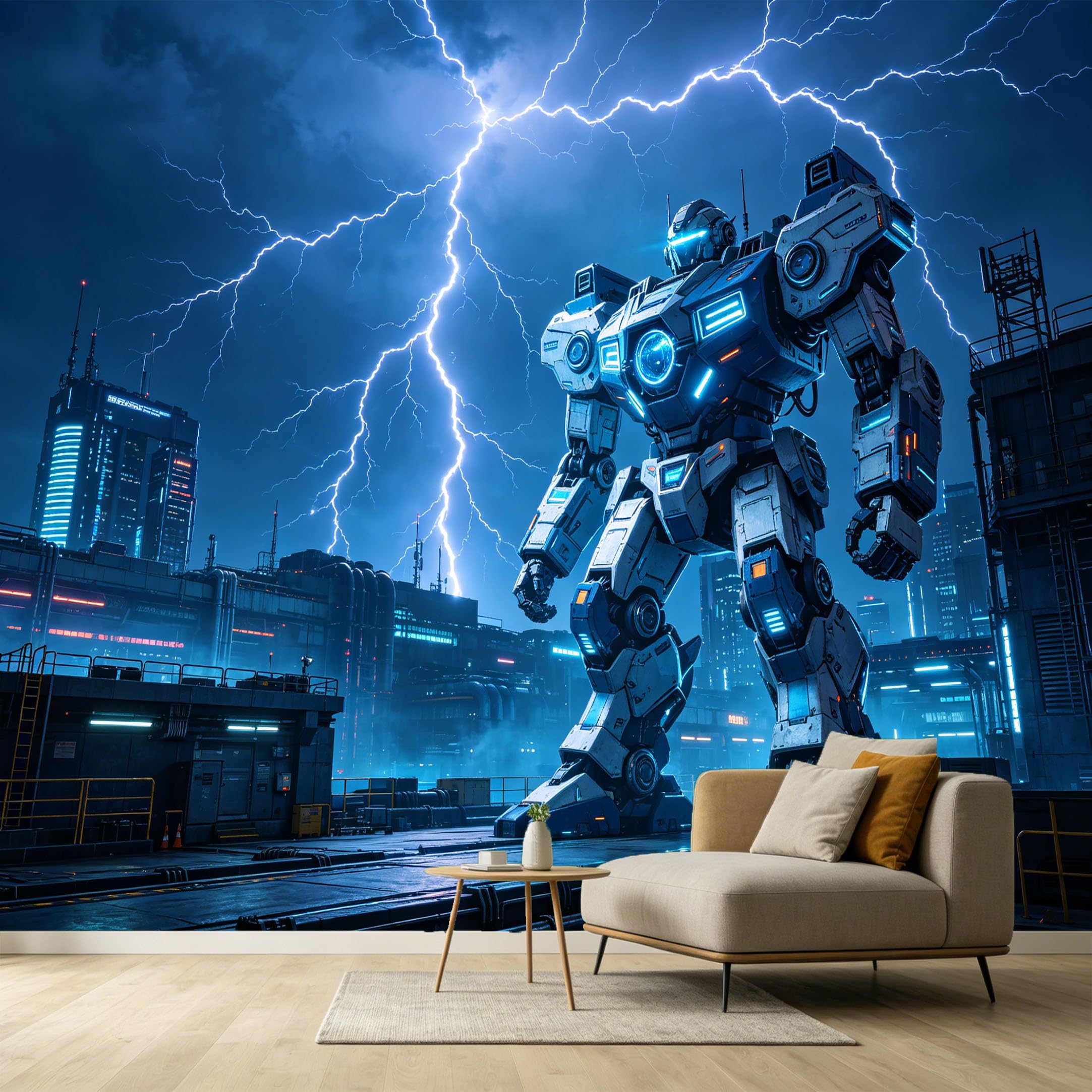 Custom Size Wall Murals Mecha Robot Lightning Cityscape Modern Contemporary 3D SelfAdhesive Wall Fabric Removable Large Wallpaper for Photo Living Room