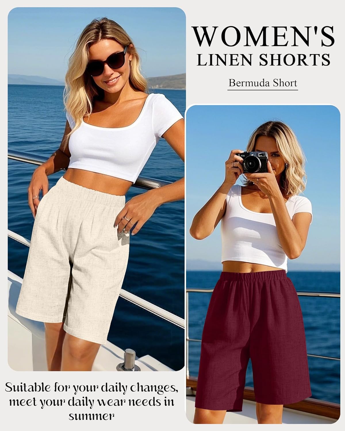 Riyiper 3 Pack Women's Linen Shorts Elastic High Waist Bermuda Wide Leg Summer Casual Lounge Short with Pockets - Image 3