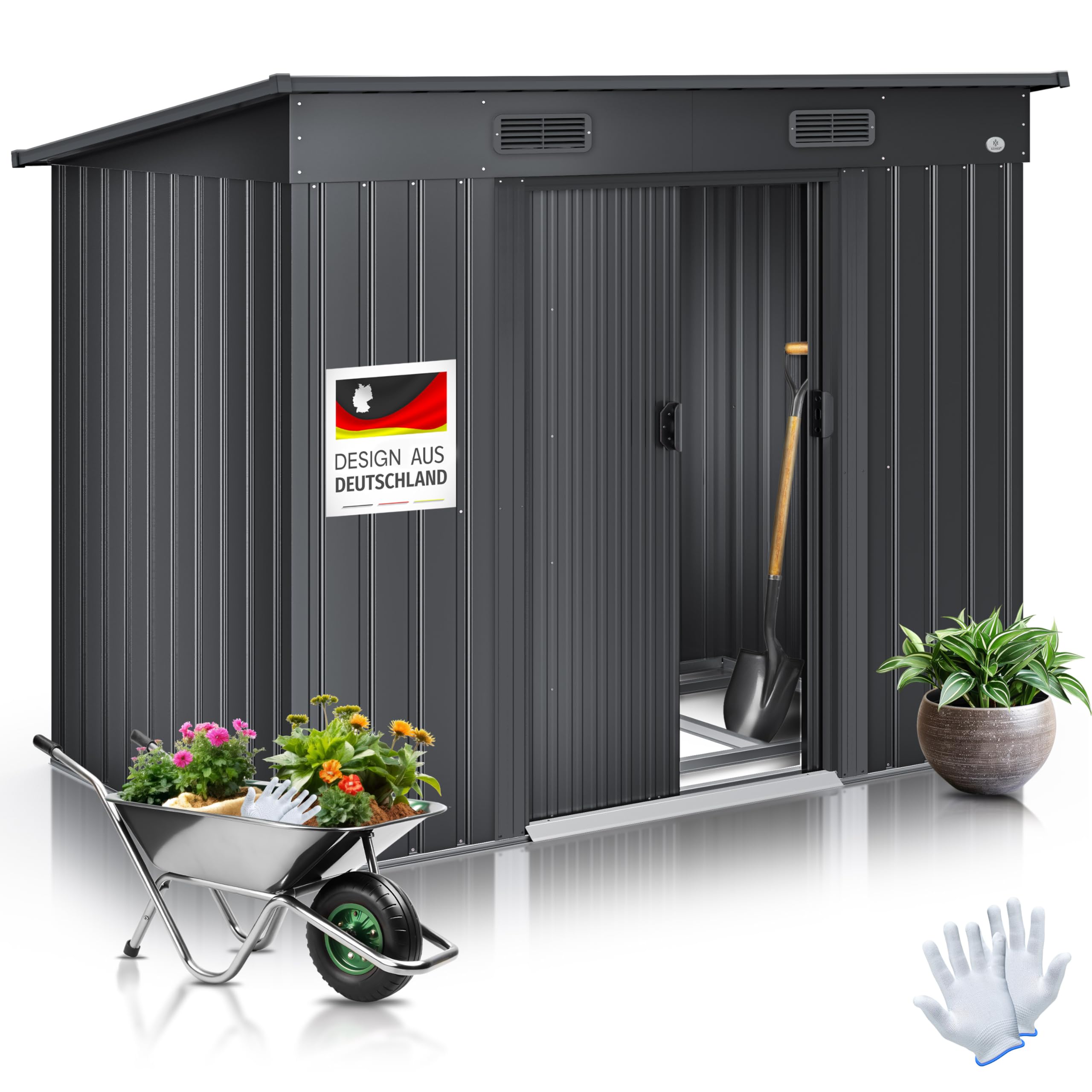 KESSER® - Cobertizo de metal L de 4 m³ con base | 194 x 112 x 181 cm | 2 puertas correderas y cimientos | cobertizo para equipos | armario de cobertizo de jardín | cobertizo de jardín con techo