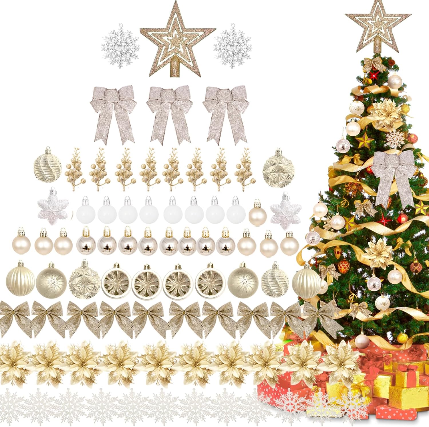 Christmas Tree Decoration Set, 88 Pcs Champagne Christmas Ornaments Set with Champagne Christmas Ornaments Balls,Christmas Glitter Poinsettia Flowers,Glitter Berries Stems,Snowflakes,Bow for Christma Champagne Gold