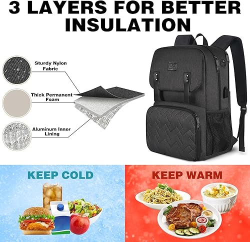Miniatura 5 de MATEIN Mochila de almuerzo para mujer, bolsa térmica aislada con puerto USB, bolsa impermeable para computadora de viaje, mochila universitaria para