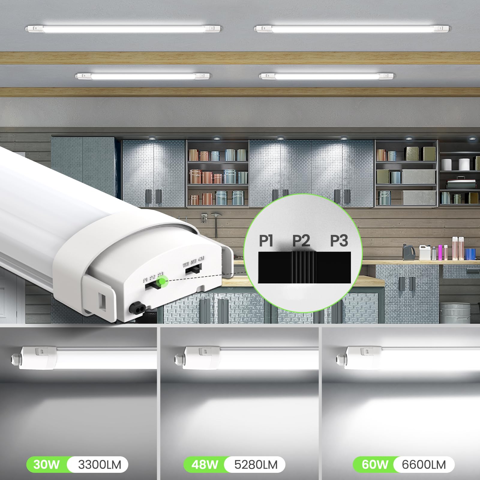 ALUSSO Lot de 2 Réglette LED 150 cm,3CCT Lumen réglables Tubes pour bureau | AC 220-240V,3000K/4000K/6500K,3300LM/5280LM/6600LM réglables,4 lampes en série,neon led pour garage,Cave,entrepôt, atelier