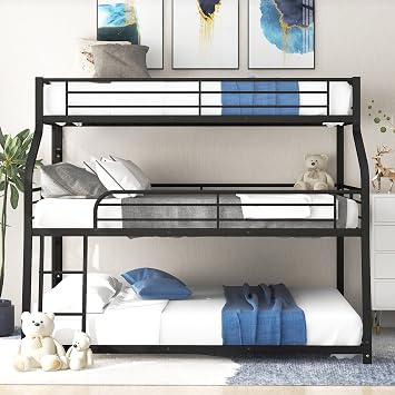 Bellemave Metal Triple Bunk Beds Twin XL/Full XL/Queen, Made of Heavy Duty Steel with Long and Short Ladder -Length Guardrails for Boys, Girls, Teens (Black)