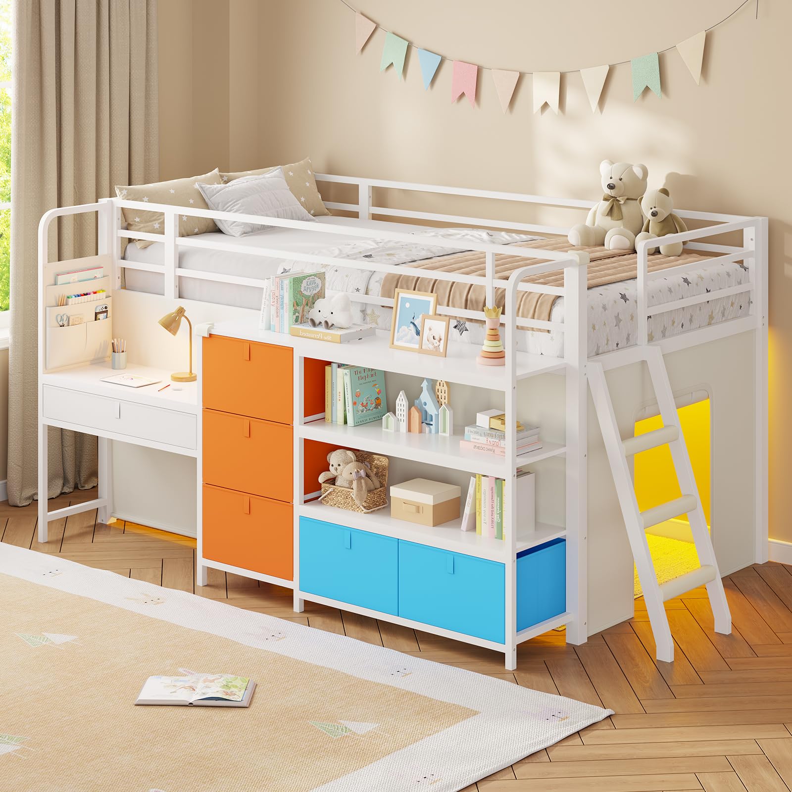 Kinderhochbett 90x200,Weiß+Gelb+Blau | LED-Licht, Schreibtisch, Stauraum, Spielhöhle. 4-in-1: Schlafen, Lernen, Stauraum, Spielen