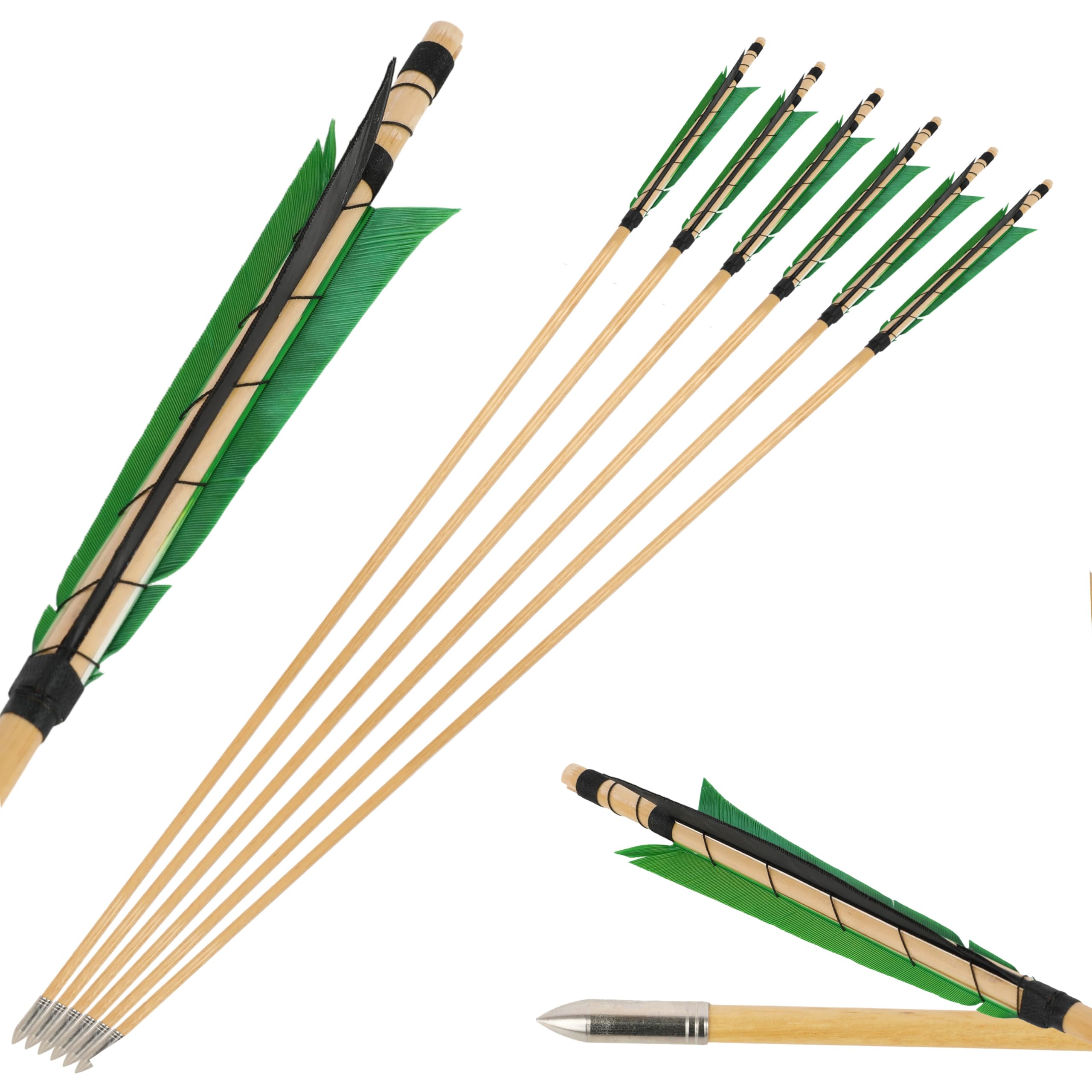 SHARROW Archery Wooden Arrows Traditional Handmade Hunting Practice Target Arrow Wood Shaft with 5" Turkey Feathers Metal Arrowheads for Recurve Bow Longbow (Green, 6pcs)