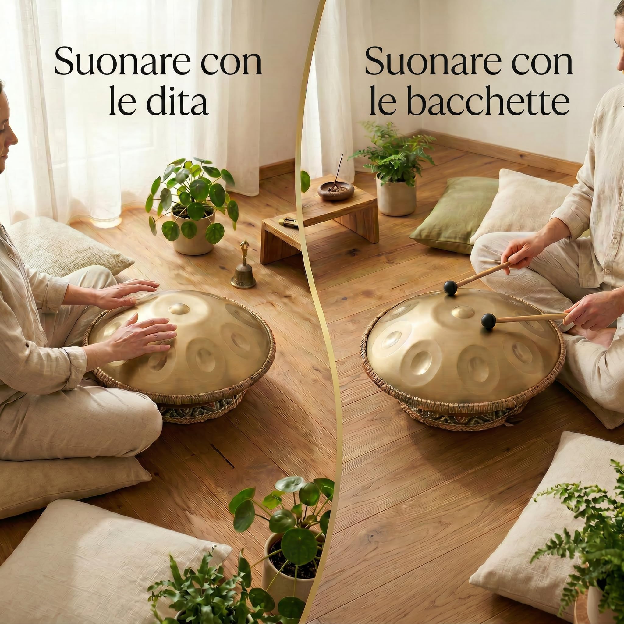 Handpan 22 Pollici 9 Note Re Kurd 440Hz Oro Tamburo a Mano per Meditazione Yoga Guarigione Sonora Acciaio Legato Include Borsa Supporto Bacchette Panno Adesivi Note