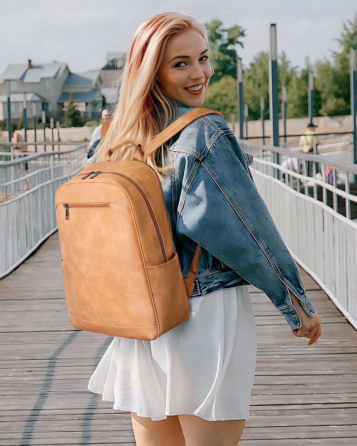 MASINTOR 15.6 inch Leather Laptop Backpack Purse for Women, Designer Travel and Work Bag with Laptop Compartment Retro Camel - Image 2