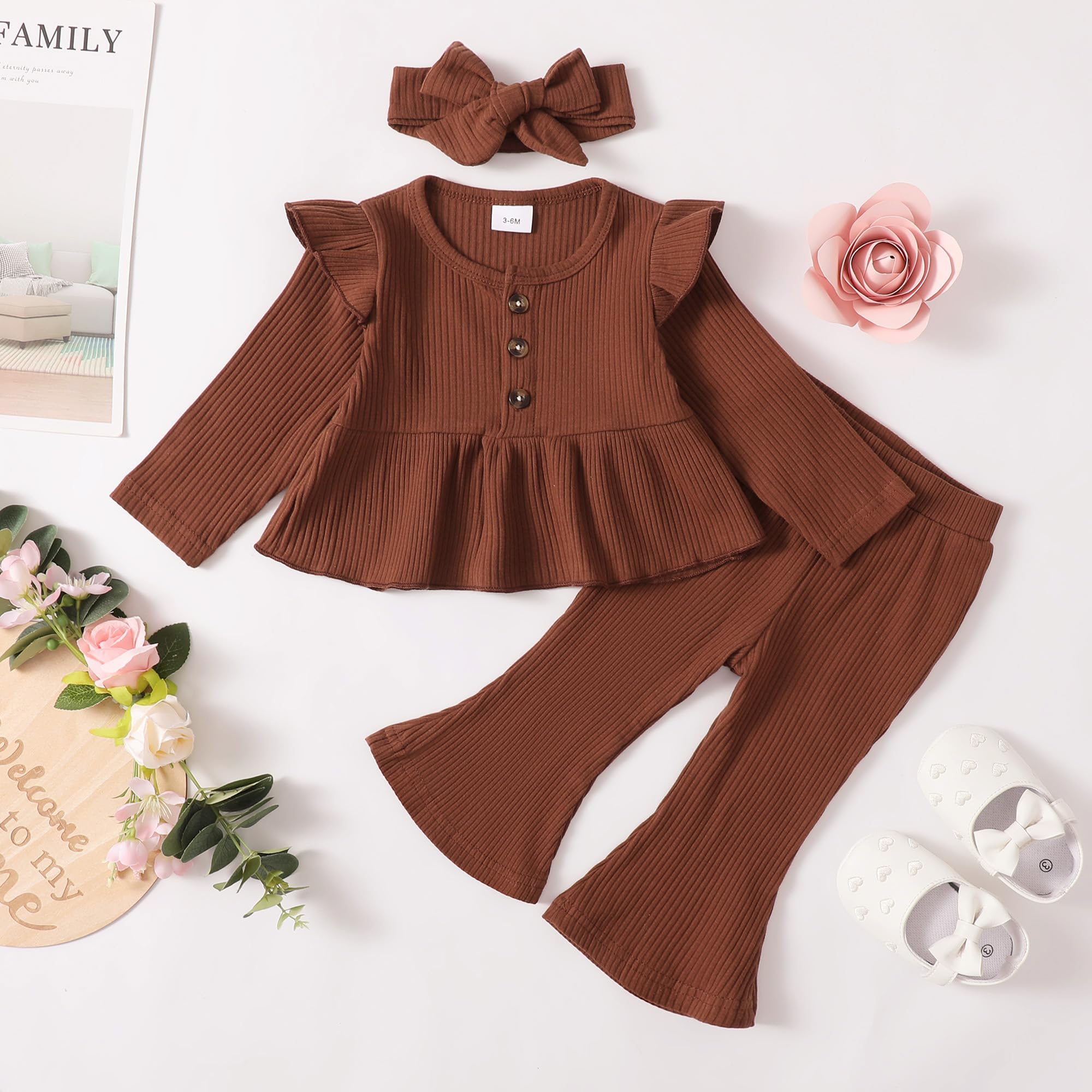 Bebé Niña Ropa De Verano Otoño Trajes De La Manga De Volante Tops De Algodón Pantalones Sólidos Bebé Niña Trajes Conjunto