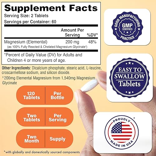 Miniatura 2 de Magnesium Glycinate - Muscle, Nerves, Relaxation & Sleep Supplement | 200mg Elemental Magnesium Fully Reacted Chelated | Gentle on The Stomach |