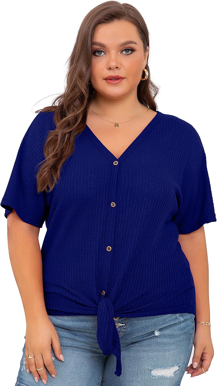 OLRIK Womens Plus Size Tops Short Sleeve V Neck Waffle Knit Tunic Blouse Tie Front Button Up T Shirts