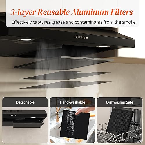 Miniatura 5 de FIREGAS Campana extractora negra de 30 pulgadas debajo del gabinete, campana de cocina convertible sin conductosconductos, 300 CFM, extractor de 3