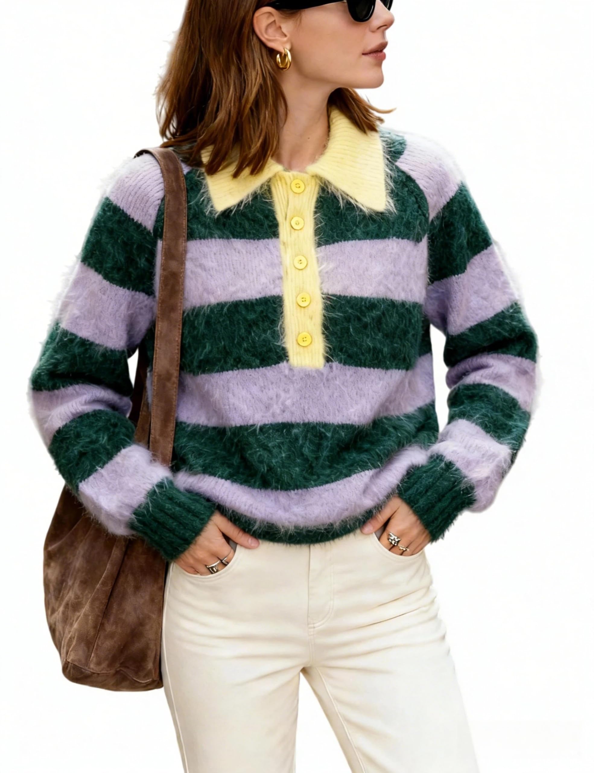 Majdan Womens Striped Polo Sweater V Neck Long Sleeve Ribbed Cuff Relaxed Fit Fall Casual Office Tops