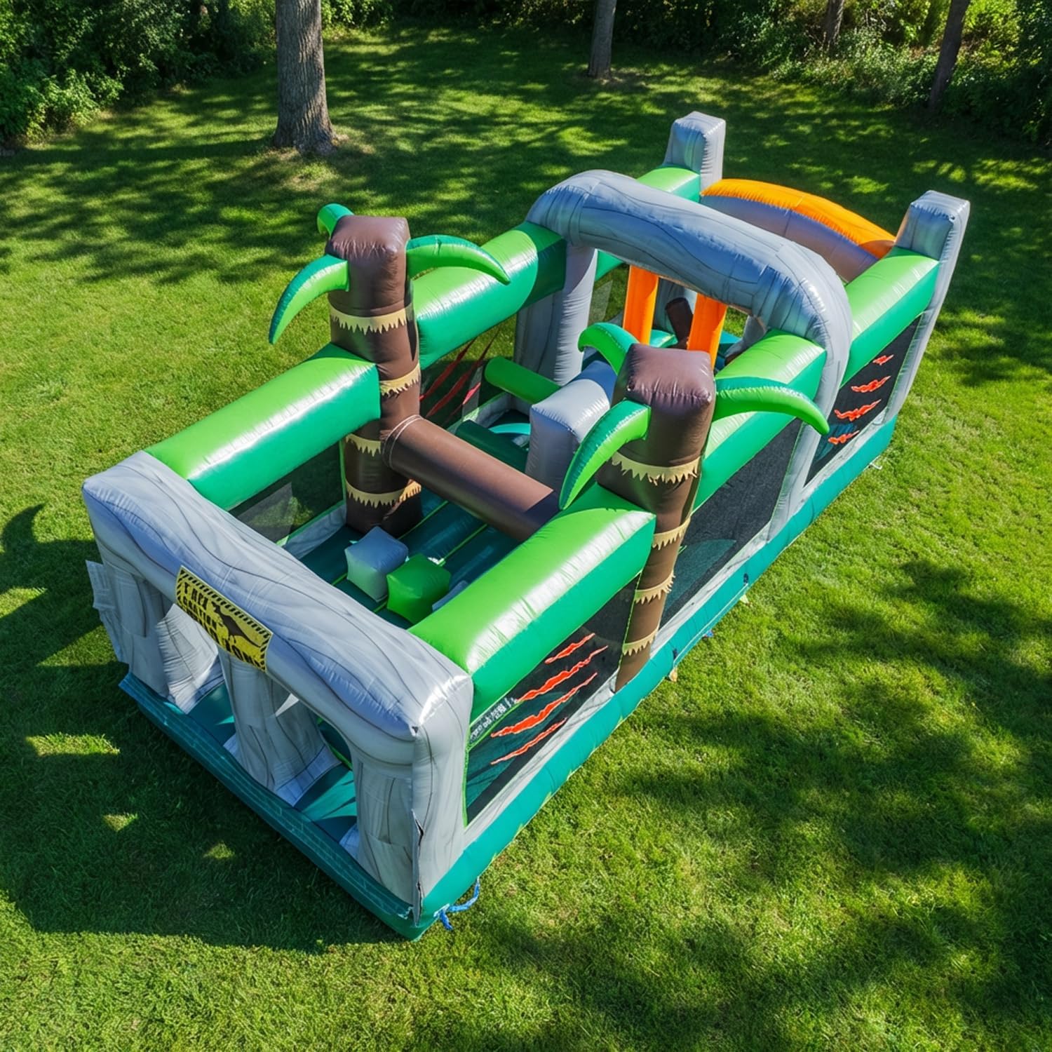 HeroKiddo 20’x 8’x 9’ T-Rex Dinosaur Theme Inflatable Obstacle Course, 100% Commercial Grade PVC, Includes Blower, Backyard Wet/Dry Fun for Kids and Adults, Large Mesh Windows for Easy Supervision