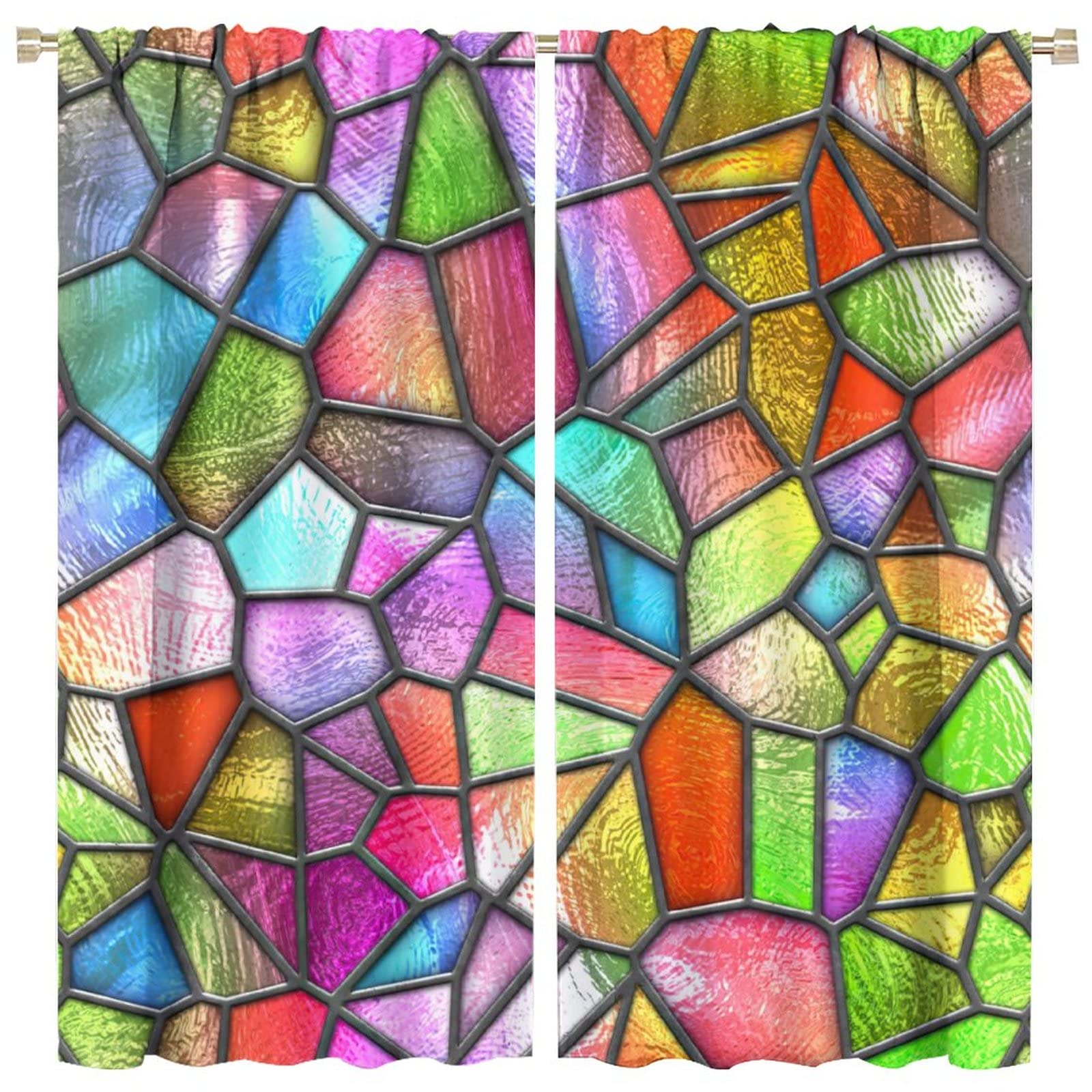 Modern Stained Glass Curtains,Abstract Geometric Shapes Blackout Window Door Curtain for Living Room Bedroom Dining Room Home Decor,2 Panel Set