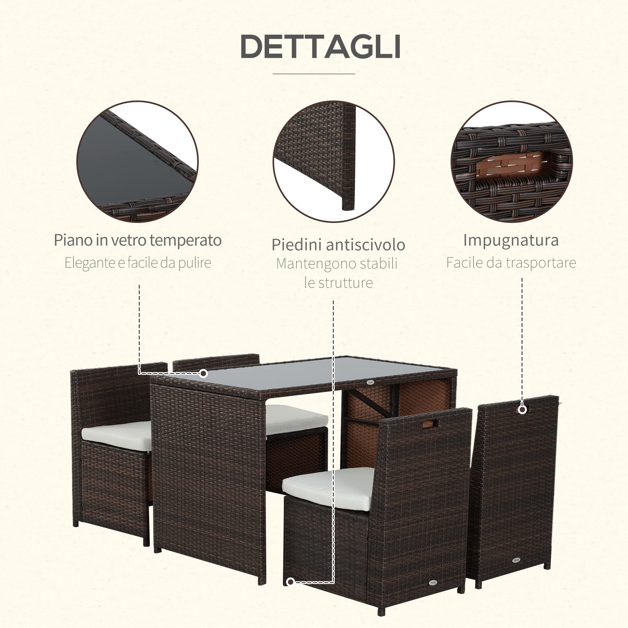 Outsunny Set Mobili da Giardino in Rattan 5pz Tavolo Pranzo 4 Sedie con Cuscini