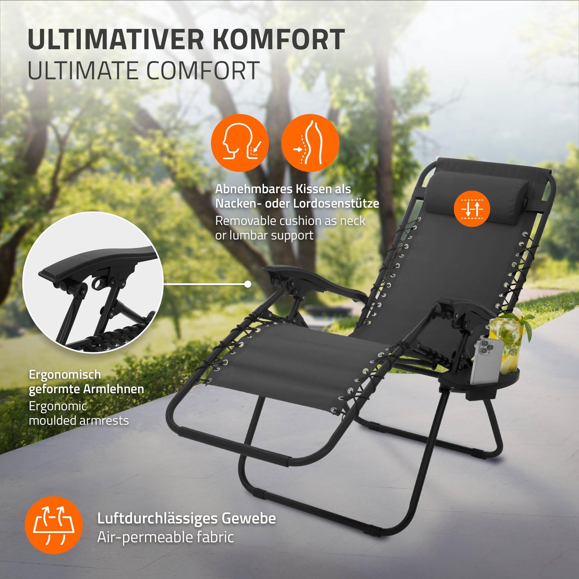 ML-Design Sedia a Sdraio da Giardino Tessuto Oxford 600D Antracite Reclinabile Portabevande e Scomparto per Telefono Cuscino Incluso Telaio in Acciaio Lettino Gravità Zero da Spiaggia con Braccioli