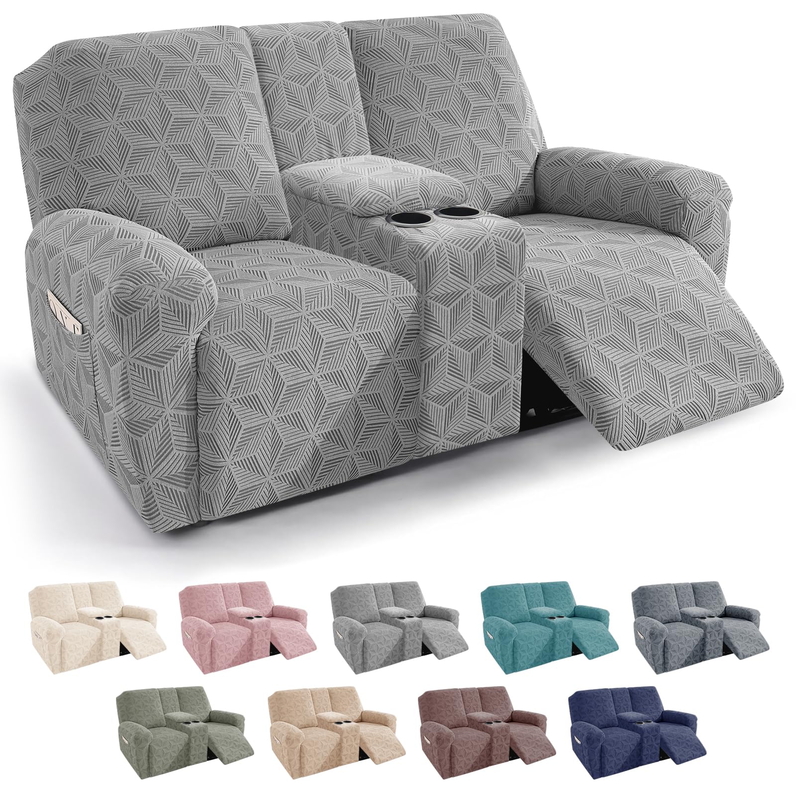 Photo 1 of YEMYHOM Loveseat Recliner Cover with Middle Console, 2-Seater Reclining Sofa Slipcover, Geometric Jacquard Couch Cover Furniture Protector with Elastic Bottom for Pets & Kids, Light Gray