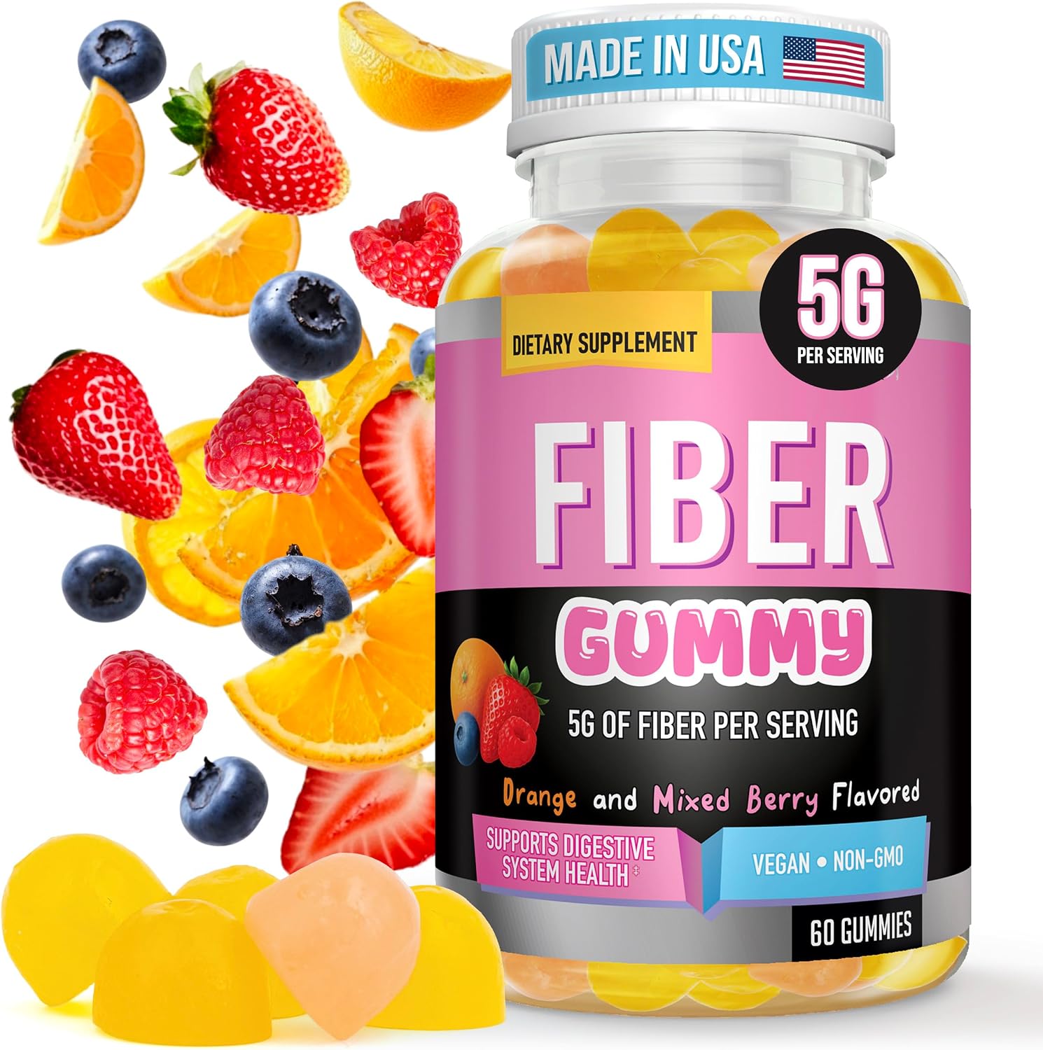 Helix Heal High Fiber Gummies for Adults – 5g Prebiotic Fiber Supplement with Chicory Root Inulin for Digestive Health, Constipation Relief & Regularity Support – Orange & Berry Flavor, 60 Vegan Chews
