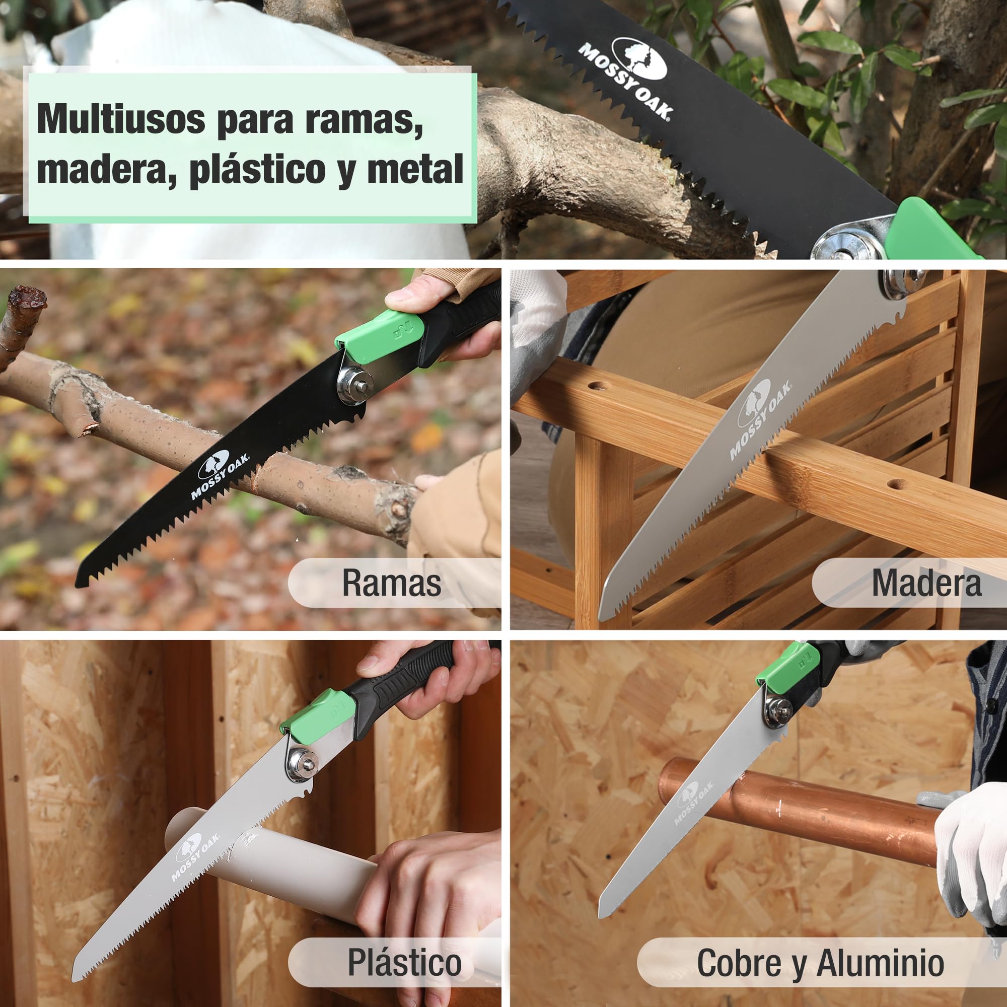 Mossy Oak Sierra de Podar 3 en 1, Sierra Plegable con Cuchillos de Madera, Métal y Plástico, Serrucho Plegable con Bolsa de Organizador, para Poda, Jardinería, Madera, Tubos, Metal