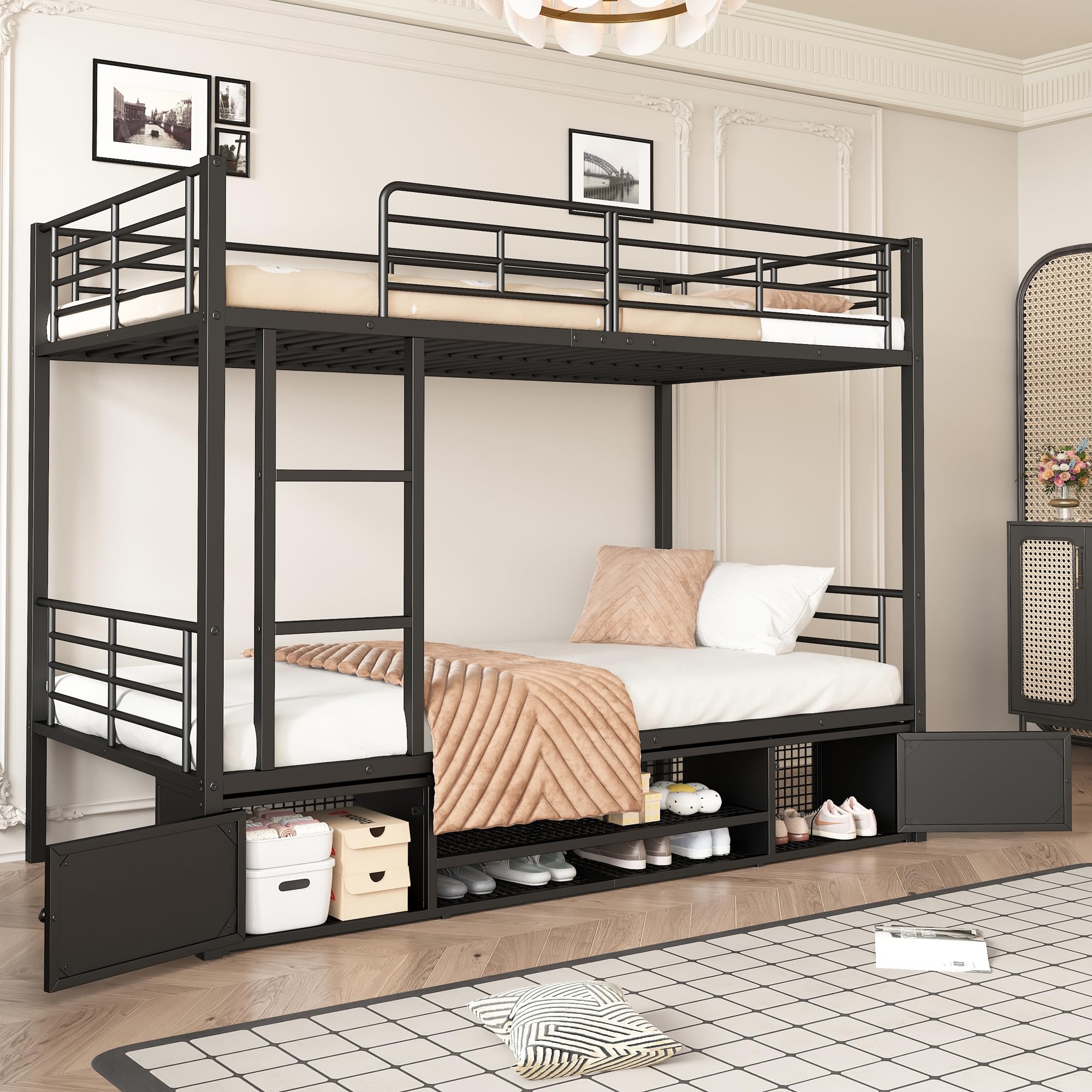 Cama con marco de hierro, litera, negro, 90 x 200 cm, zapatero abierto, armario de almacenamiento de doble puerta, con escalera lateral, rejilla protectora, sin colchón