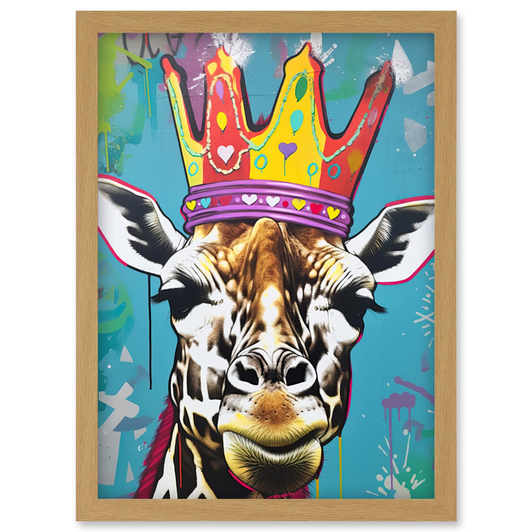 Artery8 Giraffe With Queen Birthday Crown Modern Pop Art Artwork Framed Wall Art Print A4