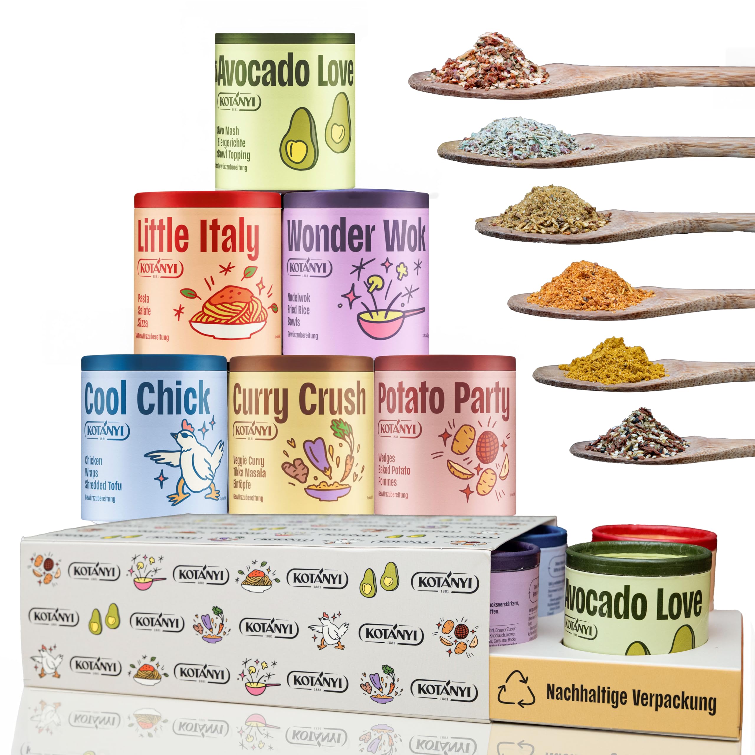 Kotányi Everyday Gewürzeset – Kreatives Gewürze Set für jeden Tag | Geschenkset mit Avocado Gewürz, Pommes Gewürz & italienischen Kräutern – 6er Gewürze-Mix für Genießer