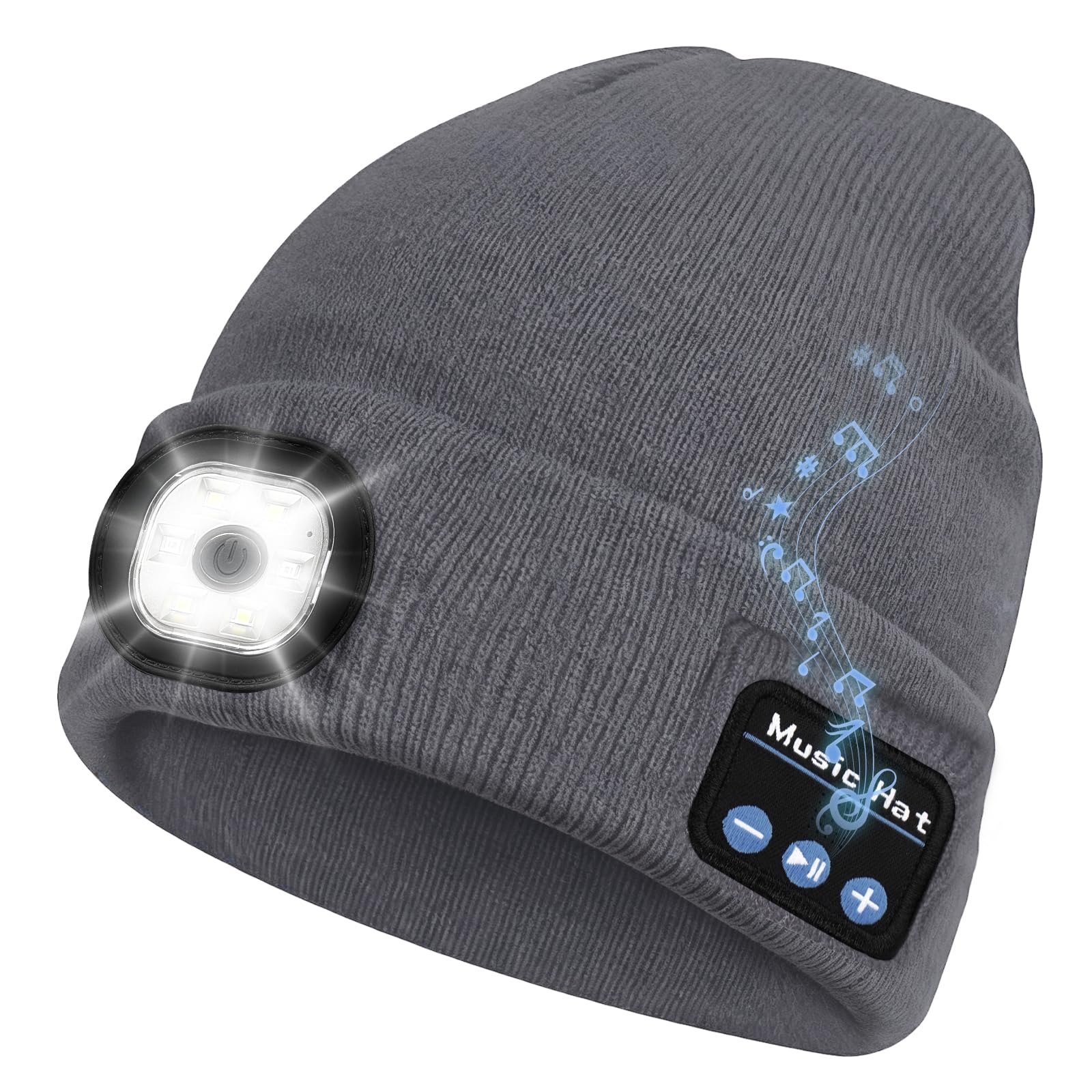 Bluetooth Beanie Hat with Light, Headlamp Cap with Headphones and Built-in Speaker Mic, Gifts for Men Women Husband Him Black